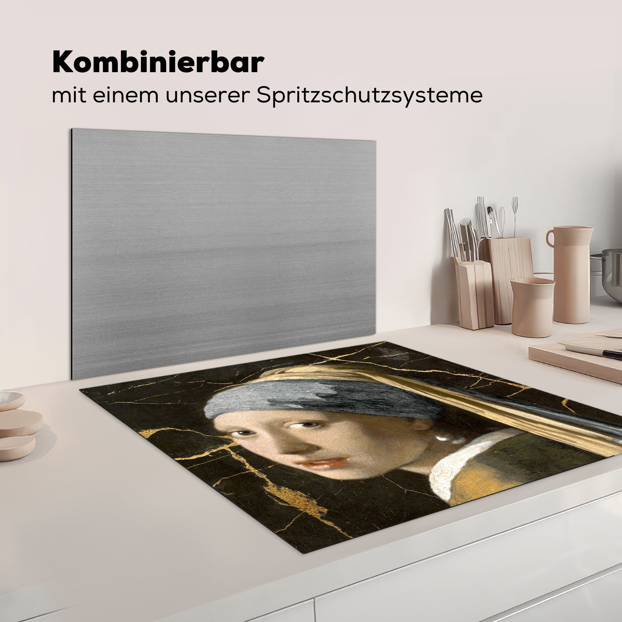 Schwarz, mit Perlenohrring küche 78x78 Arbeitsplatte cm, Mädchen - Gold (1 Herdblende-/Abdeckplatte Ceranfeldabdeckung, für Vinyl, - tlg), MuchoWow