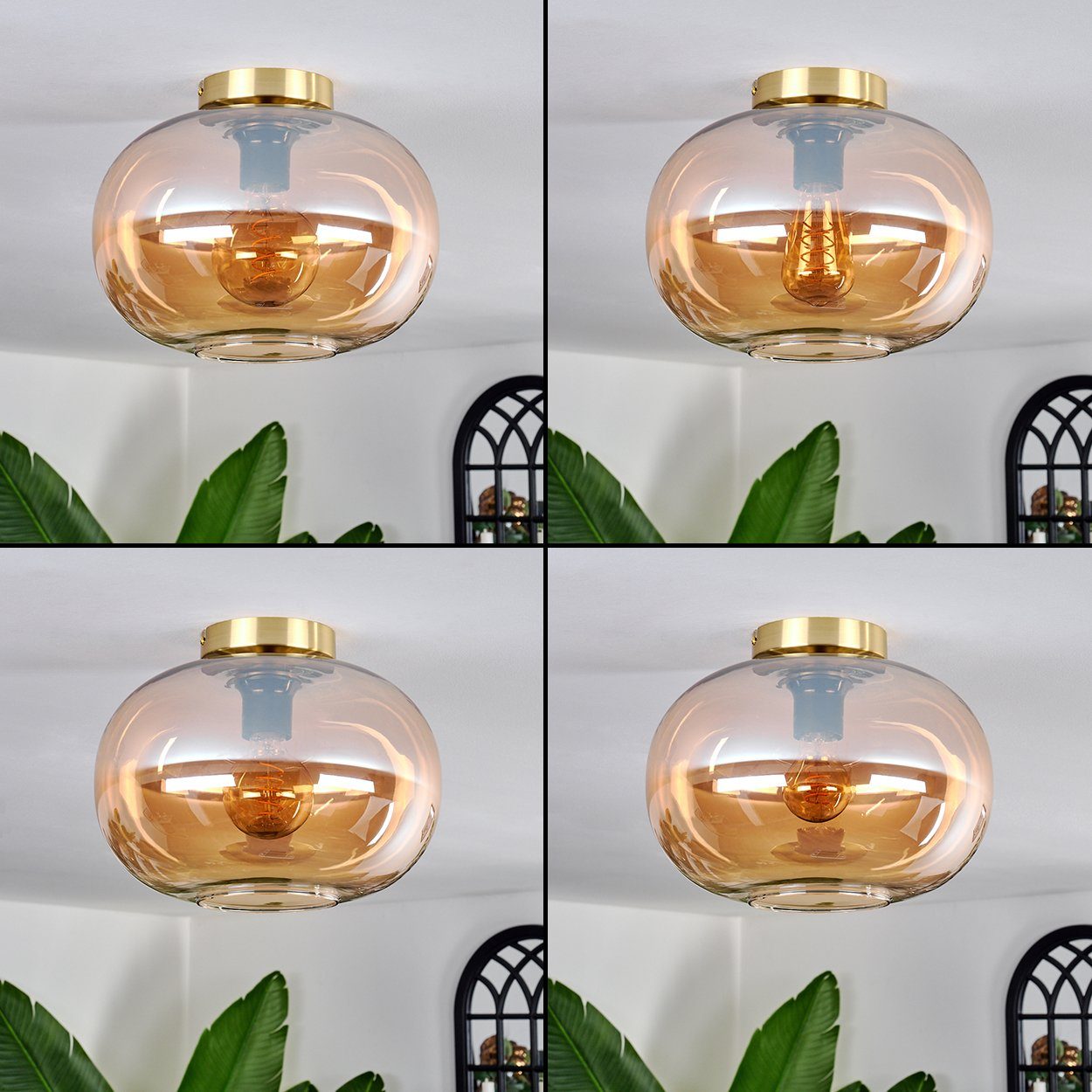 hofstein Deckenleuchte Deckenlampe aus Metall/Glas in Goldfarben/Schwarz/Bernsteinfarben, ohne Leuchtmittel, moderne Leuchte mit Schirm aus Glas (30cm), 1xE27, ohne Leuchtmittel