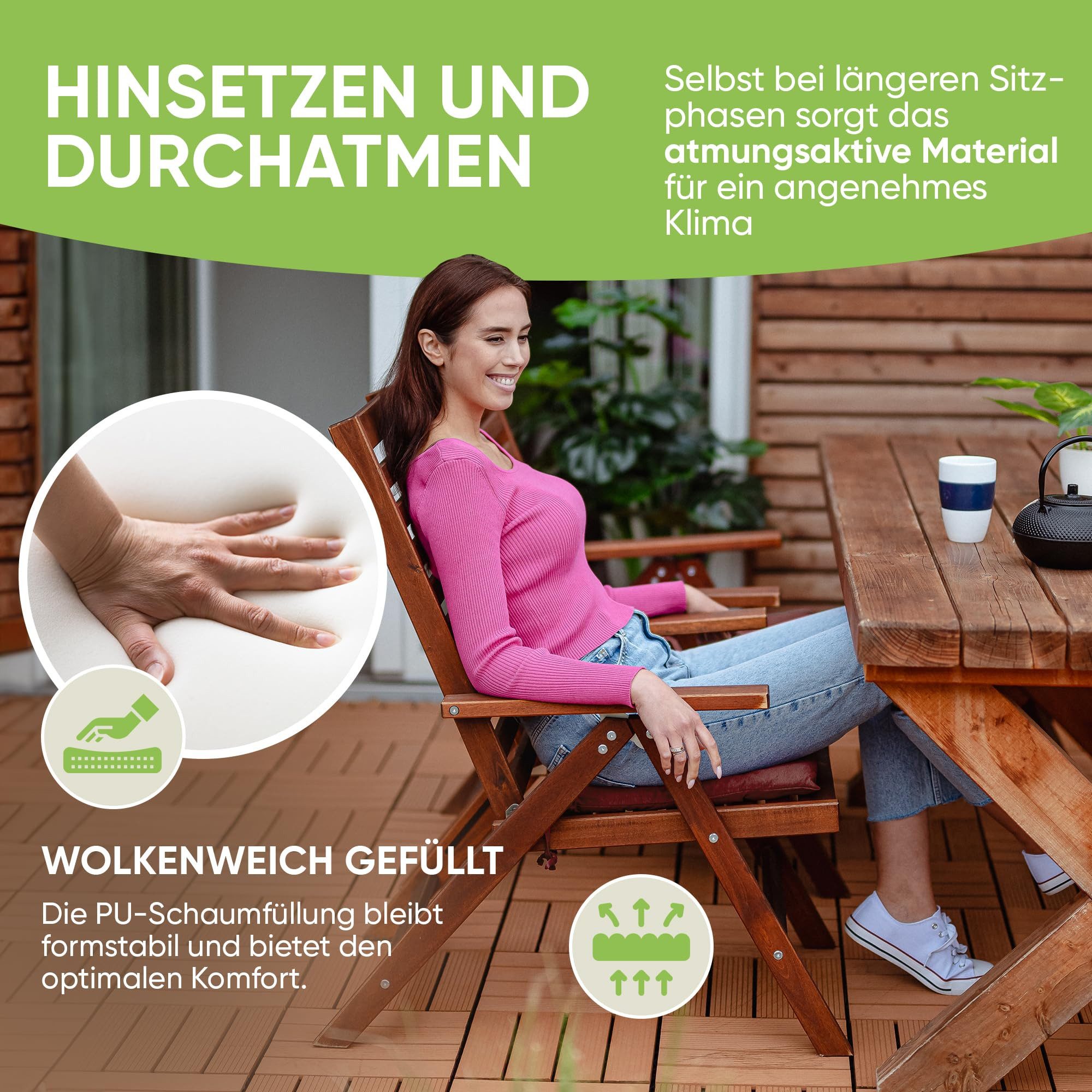 Gräfenstayn Stuhlkissen Sitzkissen 40x40cm Haltebänder Indoor Outdoor, robustes Sitzkissen für Indoor & Outdoor, mit Haltebändern