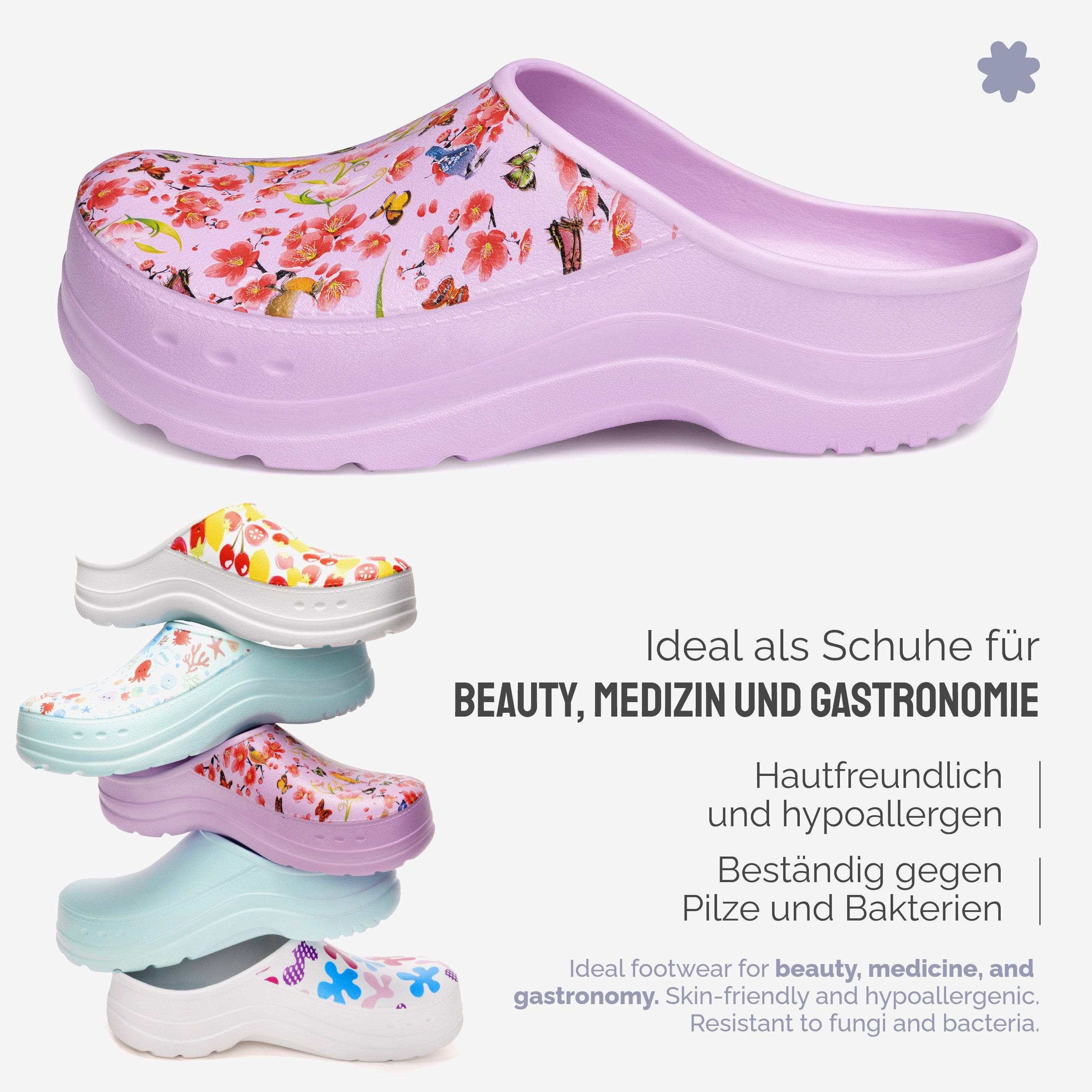 Ladeheid Gartenclogs für Damen Ultraleicht EVA Gemustert Gartenschuhe LA-CA-27 Clog (38 EU, Helllila/Blumen) Wasserdicht & Flexibel – Bild 5 von 5