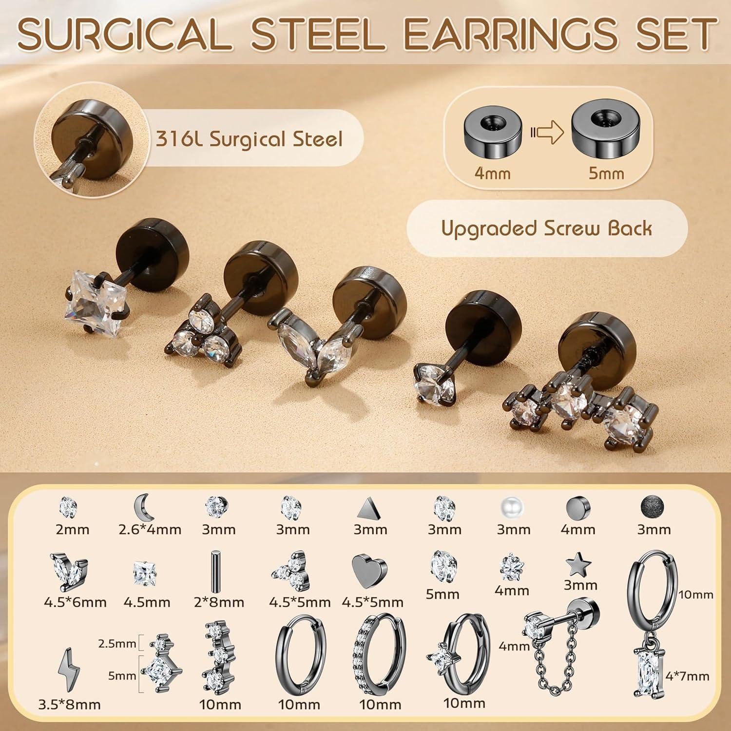 LuxusKollektion Ohrring-Set 25Stück Hypoallergen Helix Piercing Ohr Chirurgenstahl Ohrringe