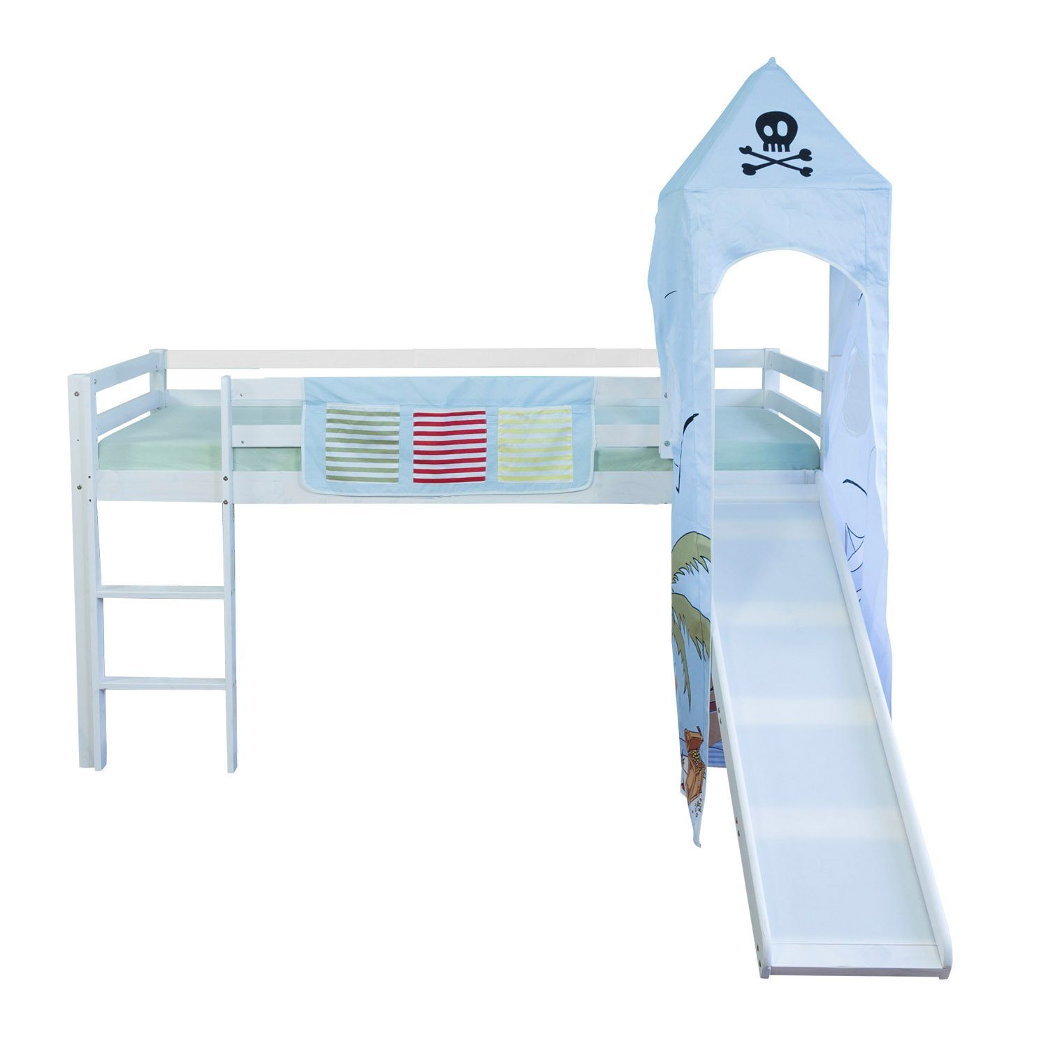 Homestyle4u Hochbett 90x200 Kinderbett cm mit Rutsche Spielbett Pirat (mit Betttasche, Turm und Rutsche, Jungen, aus Kiefernholz) Pirat, Junge