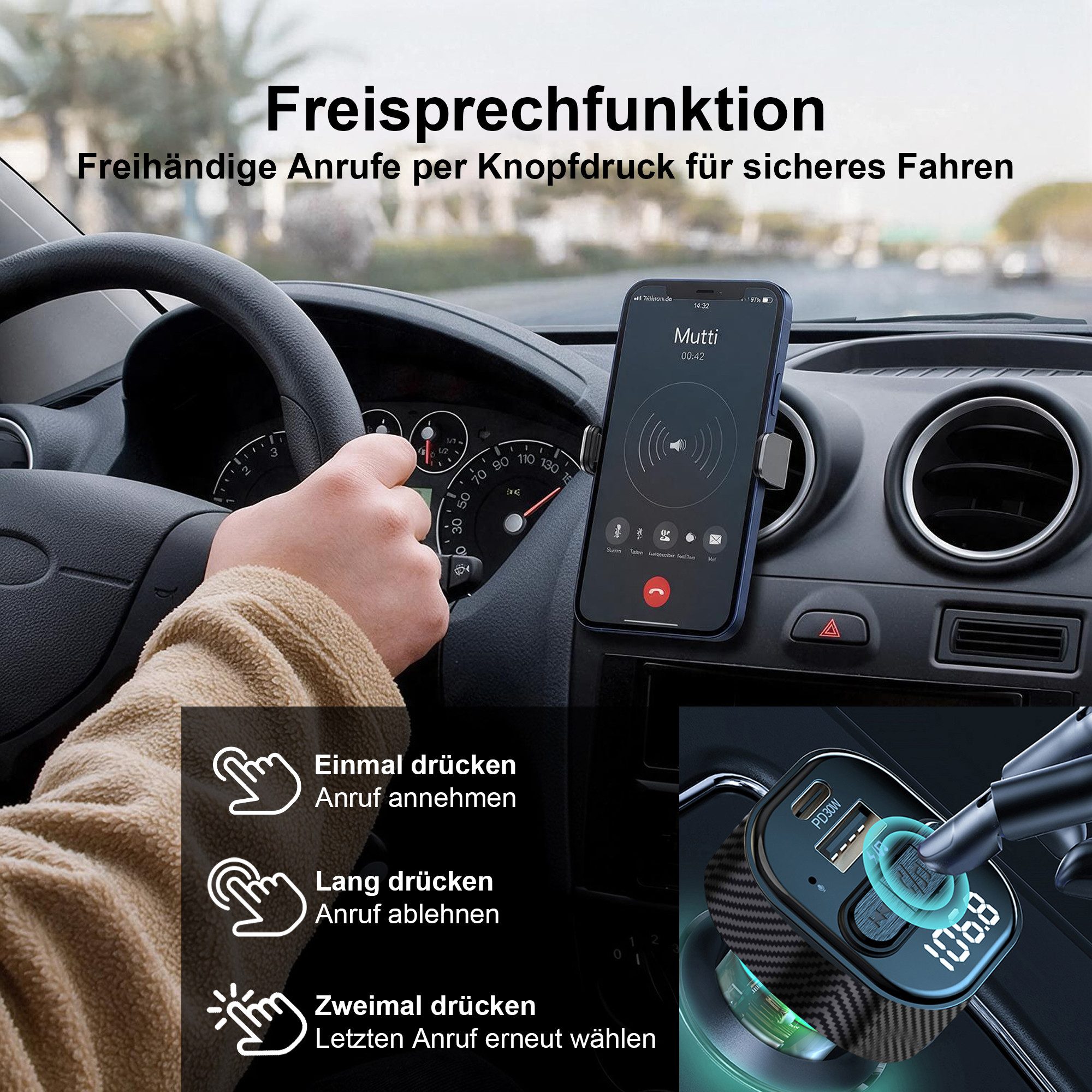 neue dawn Auto USB C Ladegerät KFZ Schnellladung FM Transmitter Bluetooth 5.3 KFZ-Netzteil (Handy Ladegerät, KFZ Bluetooth 5.3, 30W Schnellladung) – Bild 4 von 5