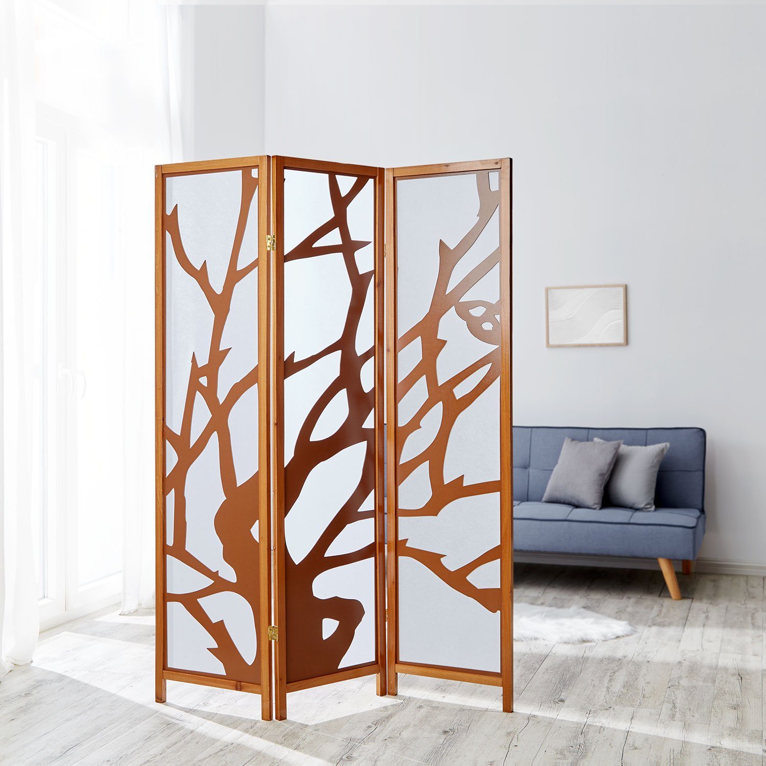 Homestyle4u Paravent Перегородки Holz Trennwand spanische Wand Sichtschutz Indoor Motiv (3-teilig), faltbar, naturfarben, Holzlamellen, dekorativ