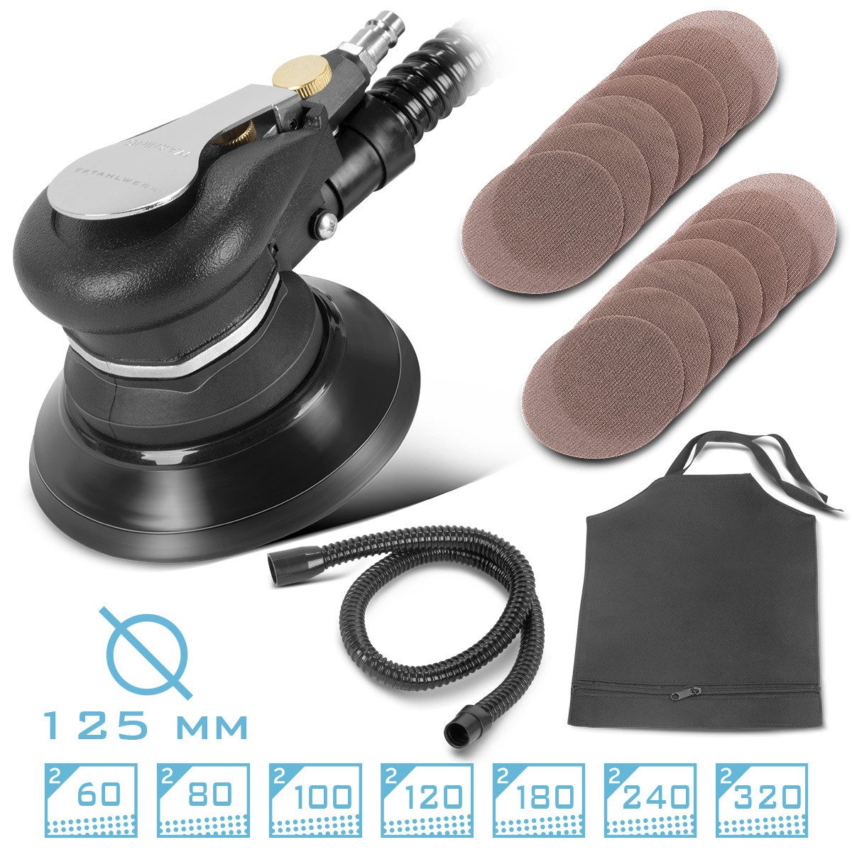 STAHLWERK Druckluft-Exzenterschleifer Druckluft Exzenterschleifer DES-125ST mit 14er Set, max. 11000 U/min, 11000 U/min, (5 tlg), mit Absaugsystem und Staubsack