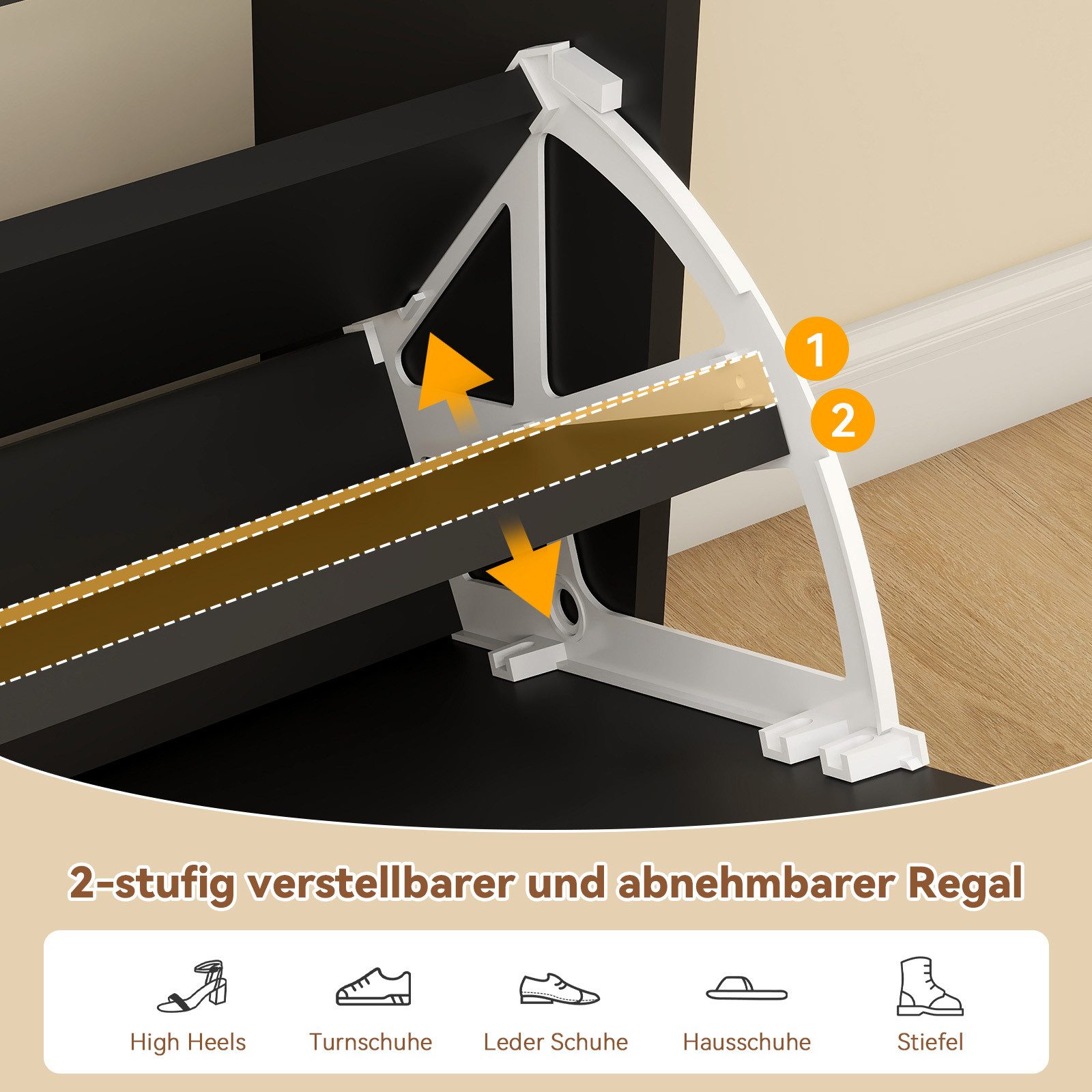 Puluomis Schuhschrank Schuhkipper mit 2 Schublade, 2 Klappen Schuhregal 24x80x106 cm (mit Kippschutz, weiß) – Bild 5 von 5