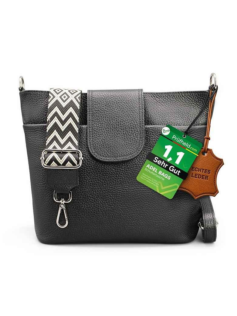 Adel Bags Schultertasche SARA Umhängetasche Damen Schwarz aus Echtleder Crossbody (Test SEHR GUT, Note 1.1), 20 Farboptionen, Hergestellt in Italien, mit 2 Riemen