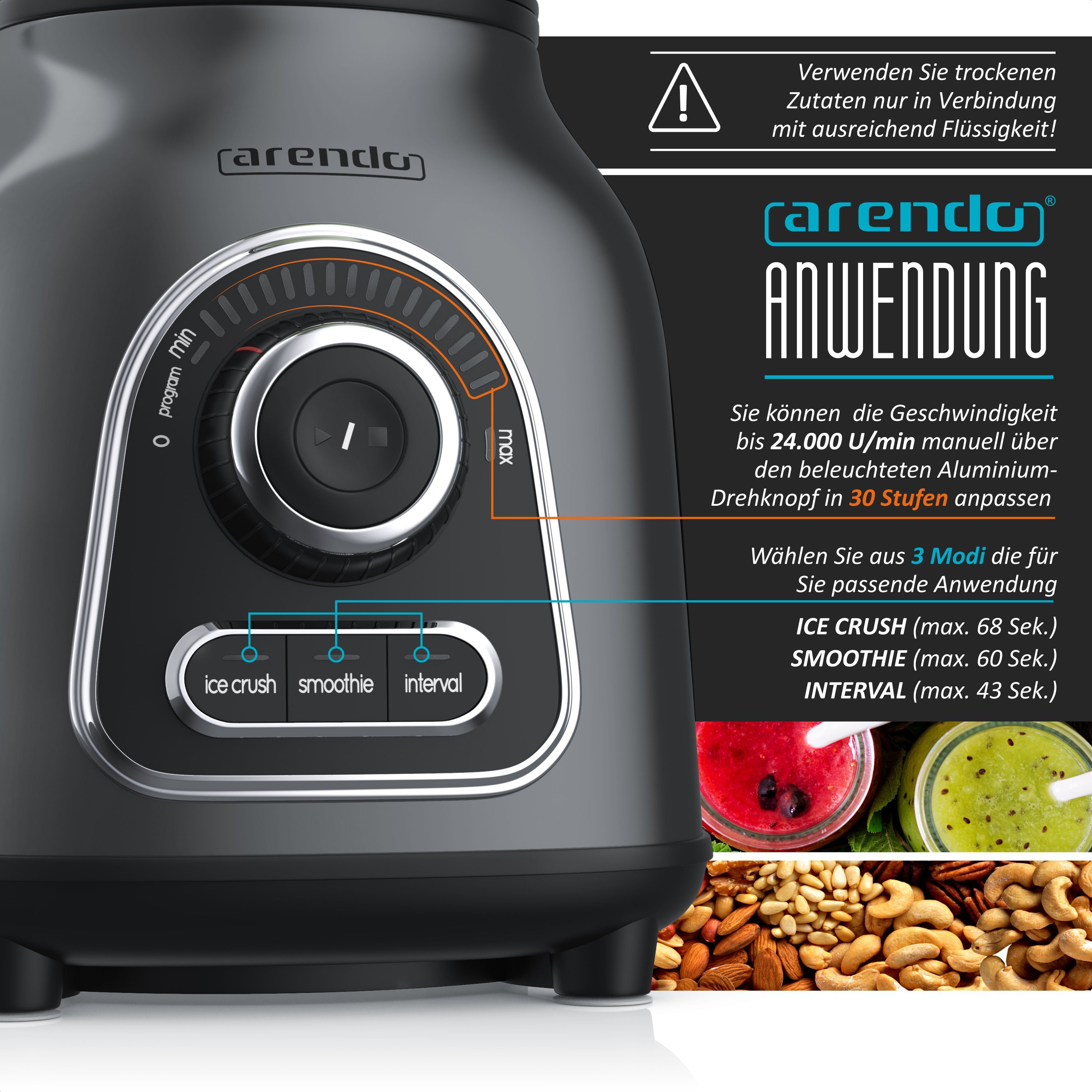 Arendo Standmixer Edelstahl Power Mixer, Hochleistungsmixer, 1,75l Glasbehälter, Blender, 1400 W, Edelstahlmesser, 10 Leistungsstufen, Impulsfunktion Hochleistungsmixer