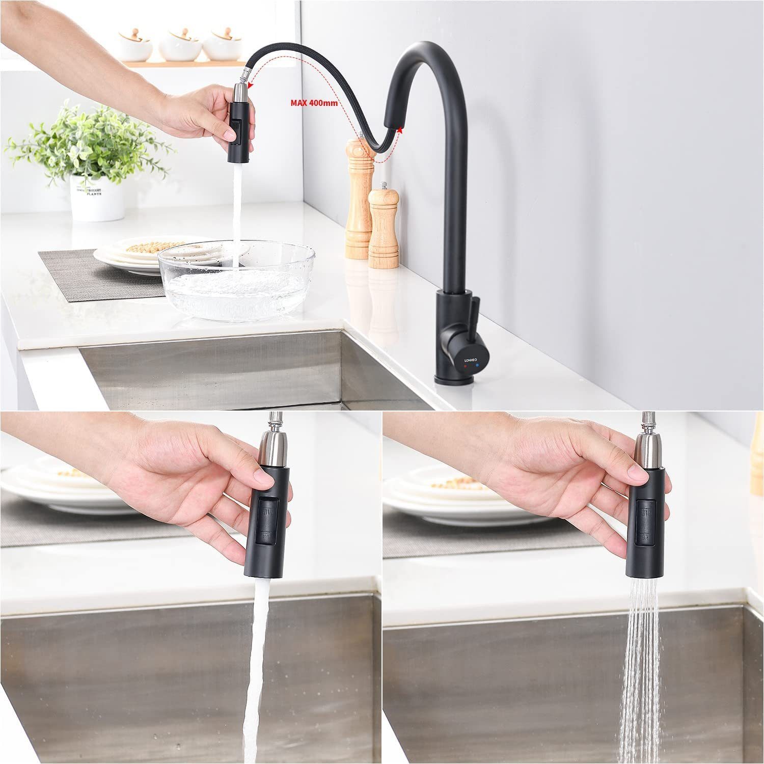 Lonheo Küchenarmatur Küchenarmatur Mischbatterie Ausziehbar Brause Wasserhahn mit Edelstahl