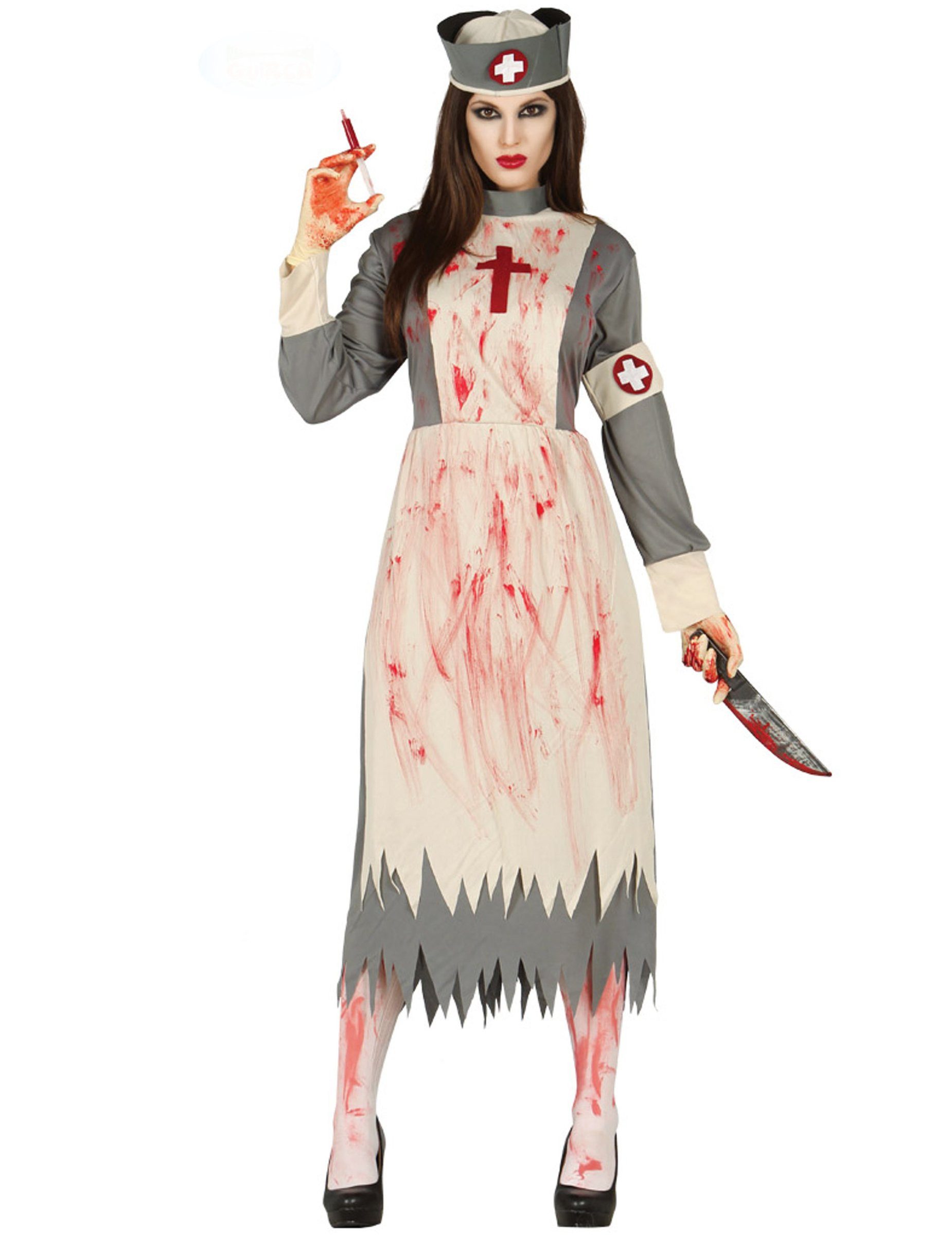 Fiestas Guirca Zombie-Kostüm Zombie-Krankenschwesterkostüm Retro Halloween-Kostüm weiss-grau-rot