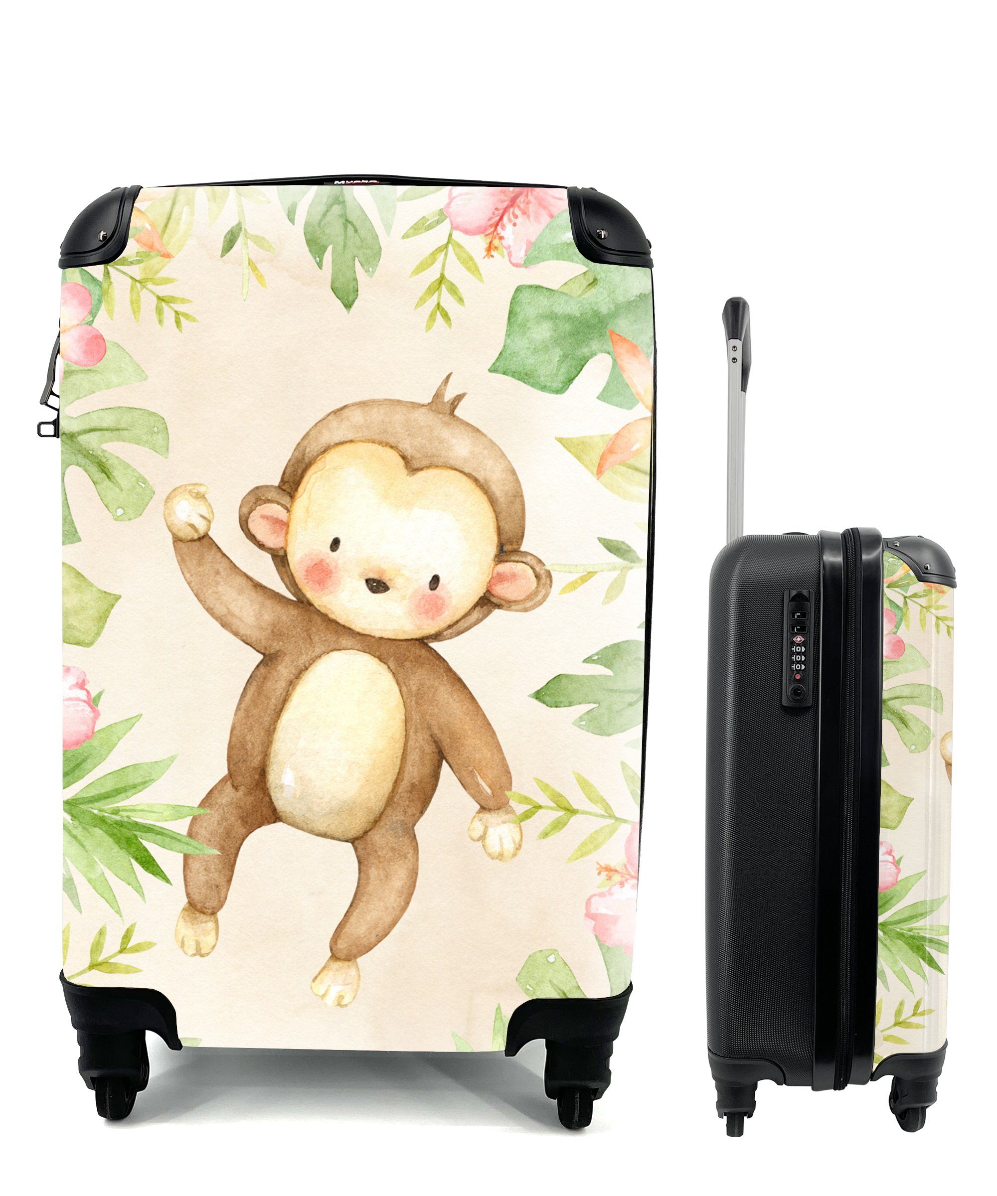 MuchoWow Handgepäckkoffer Affe - Blumen - Pflanzen - Dschungel, 4 Rollen, Reisetasche mit rollen, Handgepäck für Ferien, Trolley, Reisekoffer