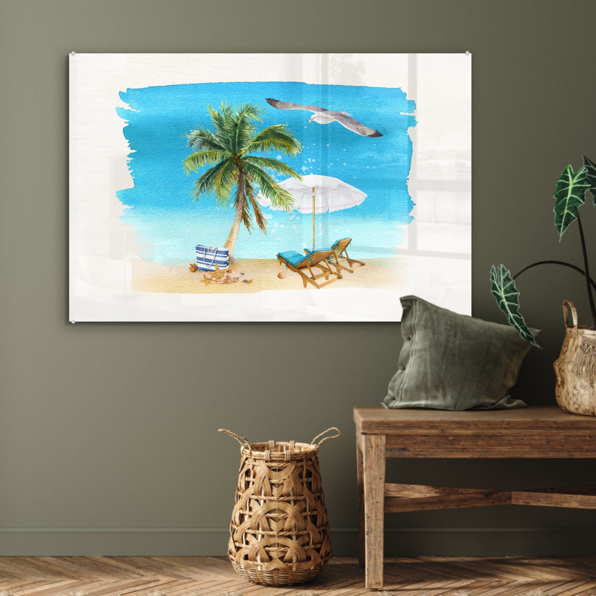 Acrylglasbilder & Acrylglasbild St), (1 - MuchoWow Strand, Wohnzimmer - Palmen Sonnenschirm - Schlafzimmer Strandkorb