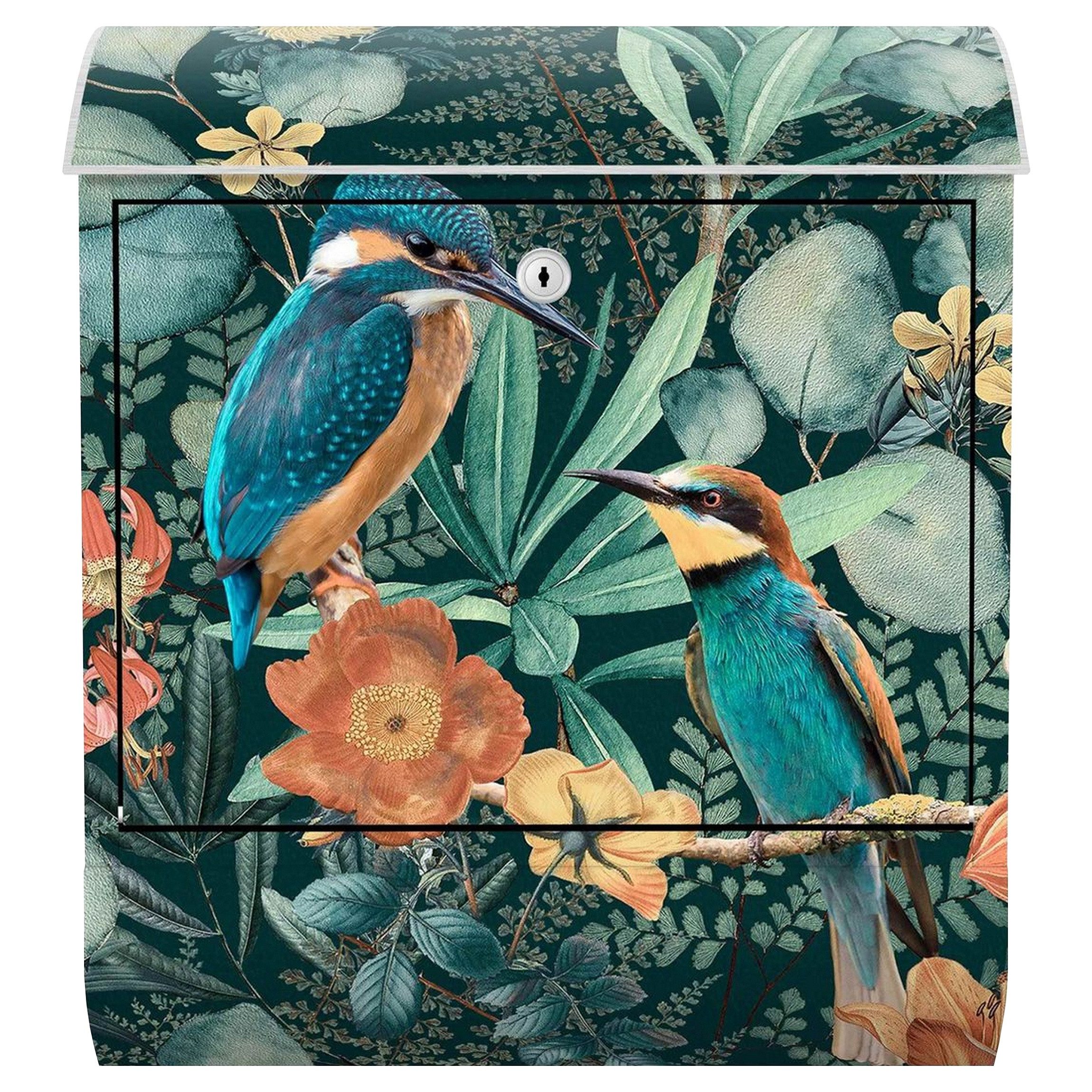 Bilderdepot24 Briefkasten Wandbriefkasten mit Zeitungsfach Motiv Eisvogel Kolibri Blumenparadies (inkl. Zeitungsrolle und 3 Schlüssel), Motivdruck, wetterfest, UV-beständig, abschließbar, 46x39x13 cm