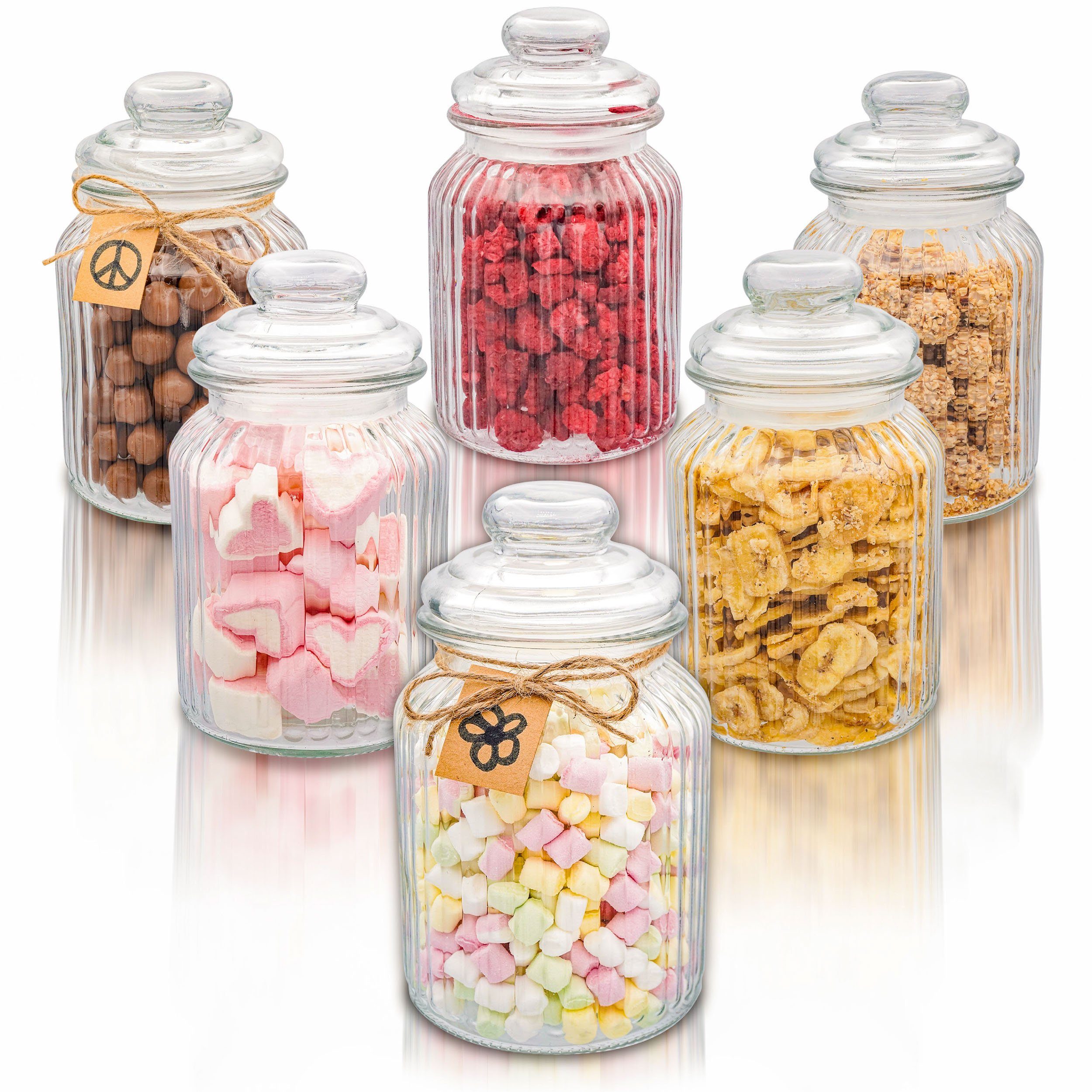Deckel (Set, 6-tlg), Kekse, - Süßigkeiten - Groß Für Luftdicht Mit Bar Praknu Candy - 6er 1L, Glas, Etiketten mit Gläser Bonbonglas Set Vorratsglas