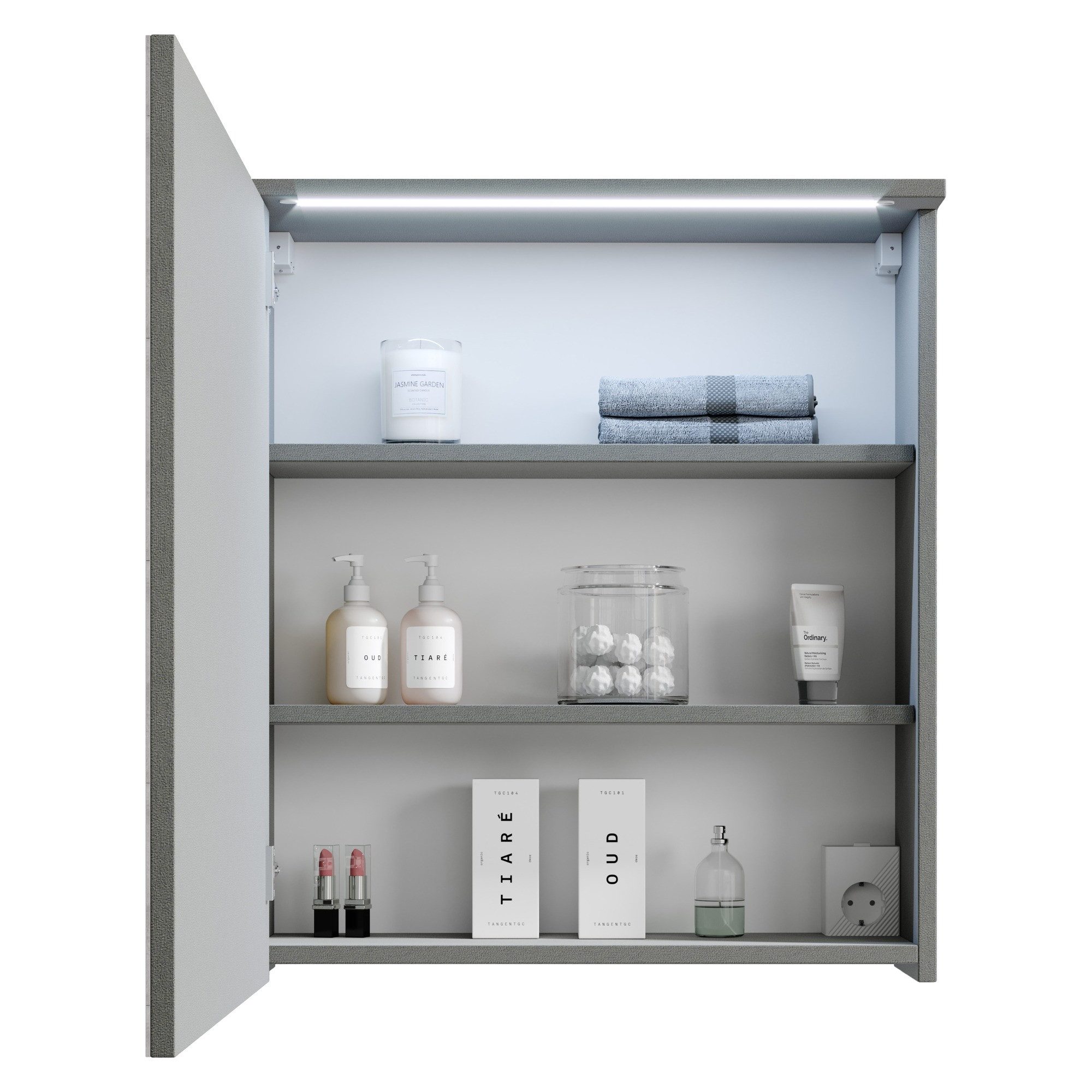 Aileenstore Spiegelschrank DUO LED Leuchte, 60 cm Breite, Grau, Schalter, Steckdose