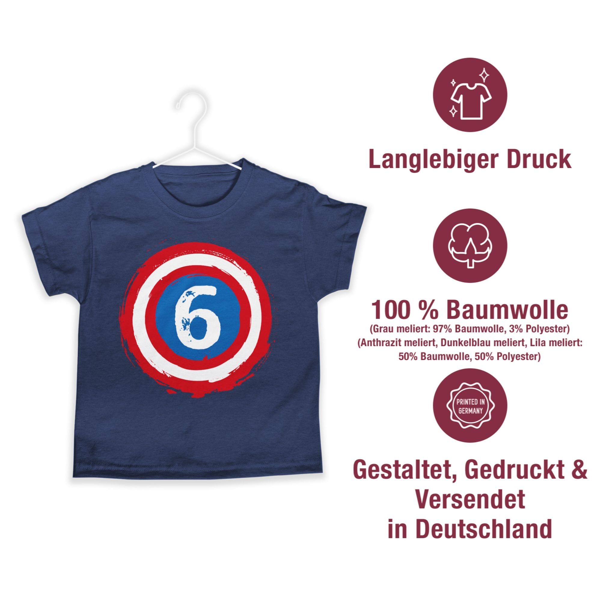 Shirtracer T-Shirt Superhelden Schild 3 Meliert Sechs Dunkelblau 6. Geburtstag
