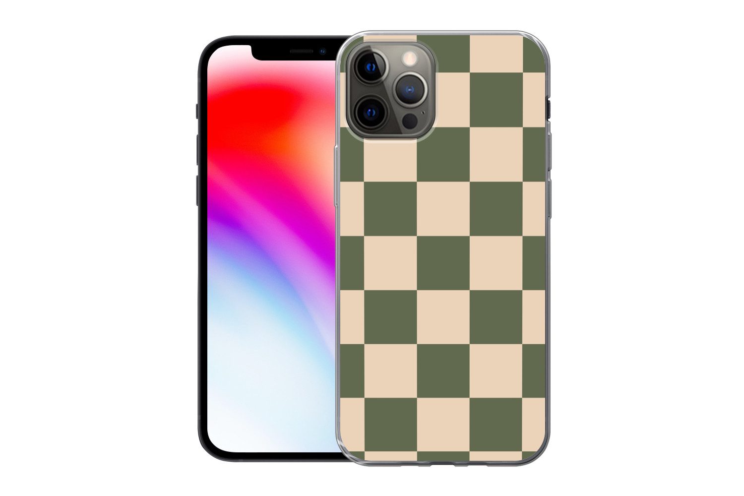 MuchoWow Handyhülle für Apple iPhone 12 Pro Schachbrettmuster - Grün - Beige - Blöcke, Smartphone-Bumper, Print, Handy Schutzhülle Dünn