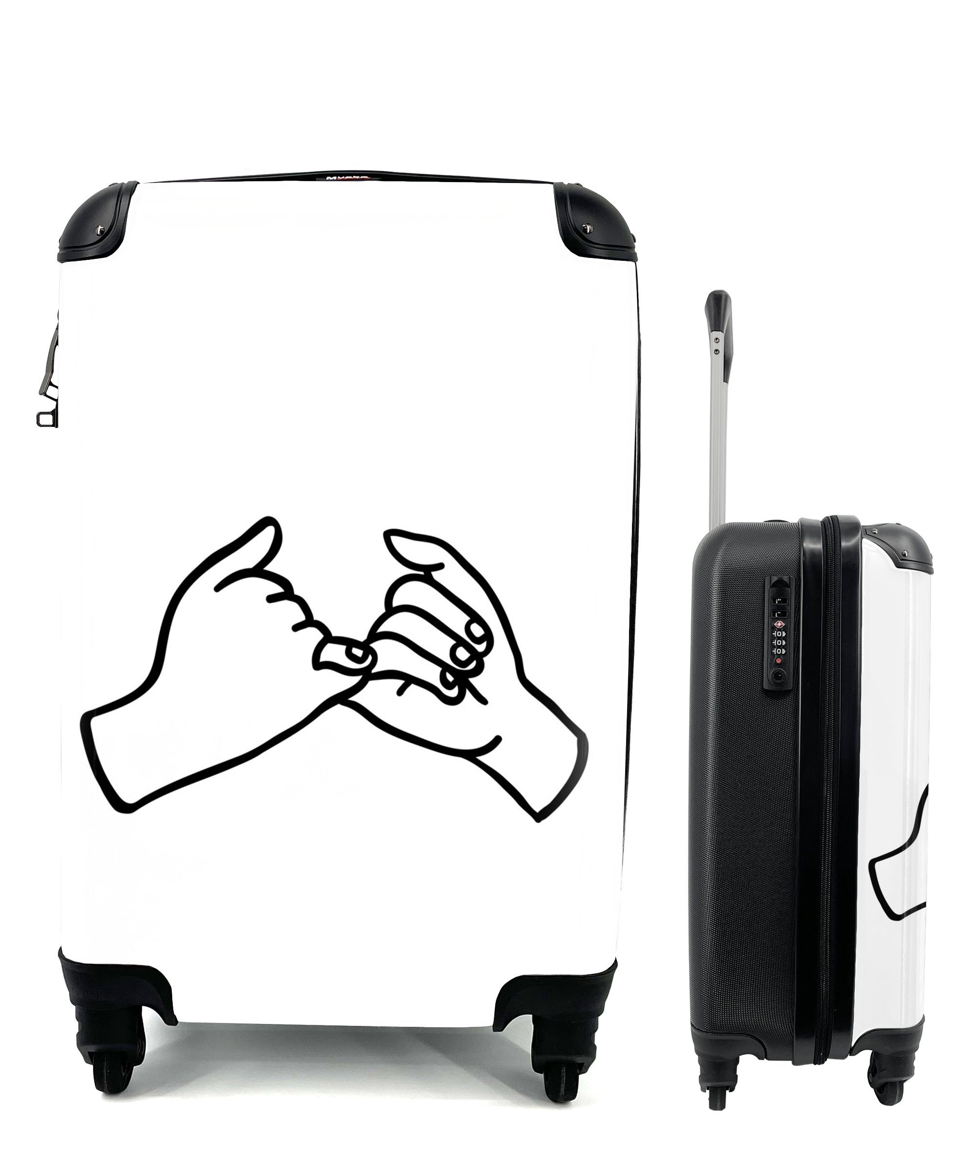 MuchoWow Handgepäckkoffer Schwarz-Weiß-Illustration von Händen, die ein rosa Versprechen geben, 4 Rollen, Reisetasche mit rollen, Handgepäck für Ferien, Trolley, Reisekoffer