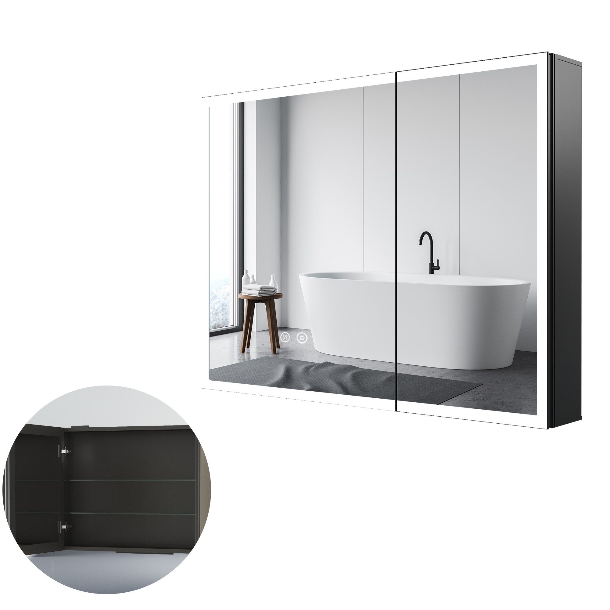 Badspiegel Spiegelschrank Badschrank Schwarz mit LED Beleuchtung Alu Schranktür