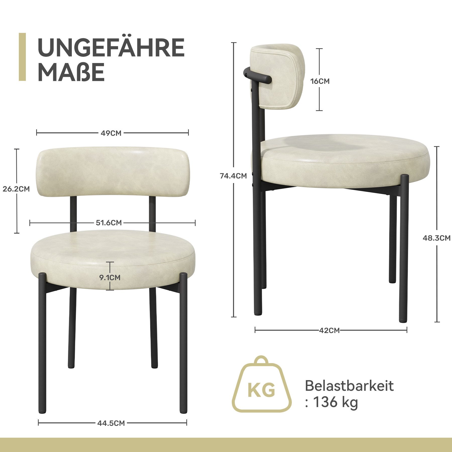 HawthyHome Esszimmerstuhl Runder Polsterstuhl mit Metallgestell, Wohnzimmerstuhl, Küchenstuhl (2 St), 2er Set