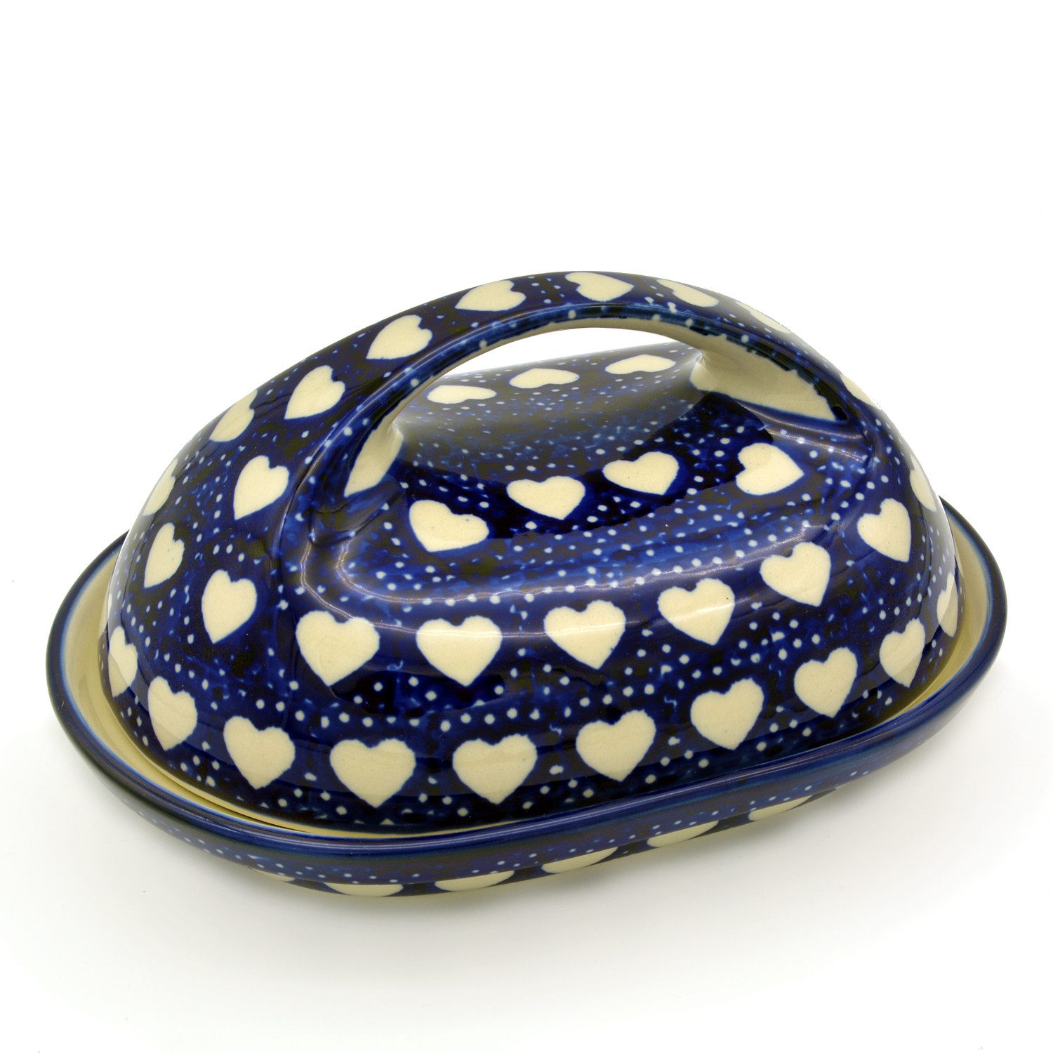 Bunzlauer Keramik Manufaktura Butterdose oval mit großem Griff