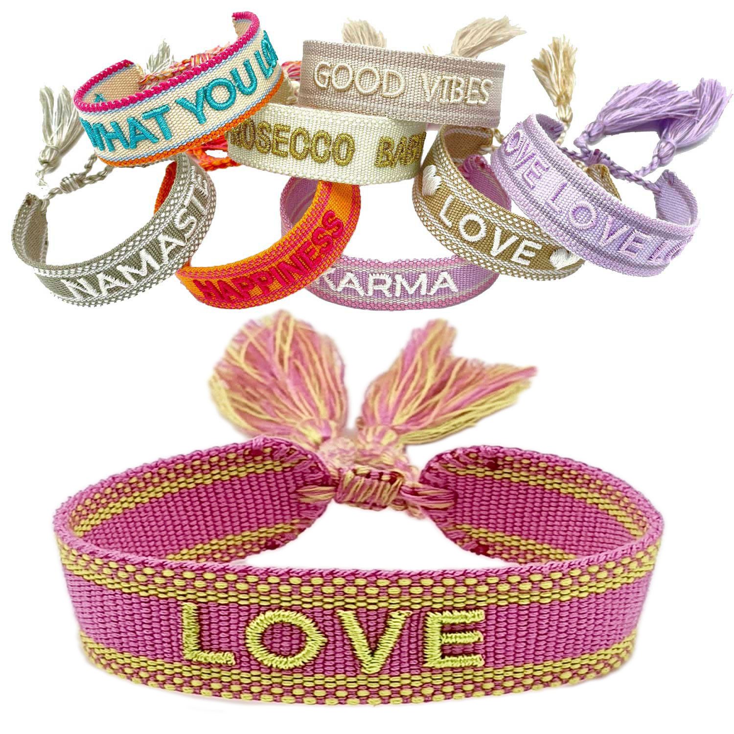 LS-LebenStil Armband Canvas Statement Armband Love Lila Grün Quasten bestickt Webarmband (Baumwollarmband Webarmband Armbandliebe Freundschaftsarmband Freundschaftsband Partnerarmband, 1-tlg., textil geflochten gewebt - hochwertiger gestickter Spruch), perfekt als Serviettenring – personalisiert auch für Hochzeiten usw