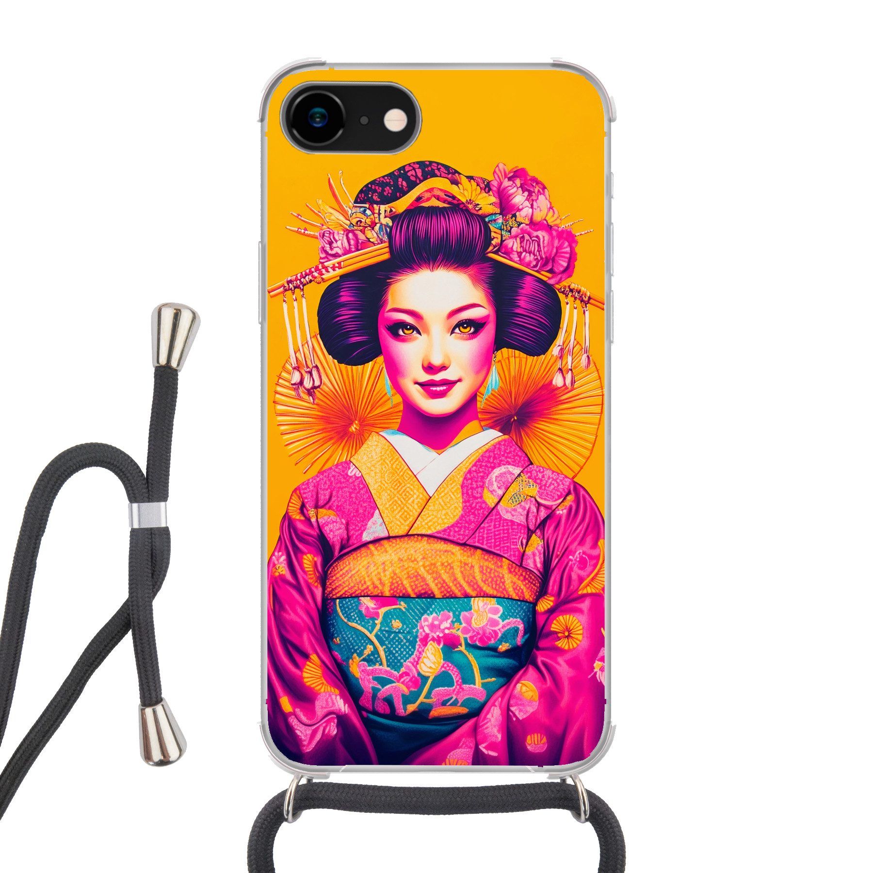 MuchoWow Handyhülle für Apple iPhone 8 Blumen - Frau - Kimono - Rosa, Tragbare Handyhüllen mit Kette zum umhängen, Handykette Handyband