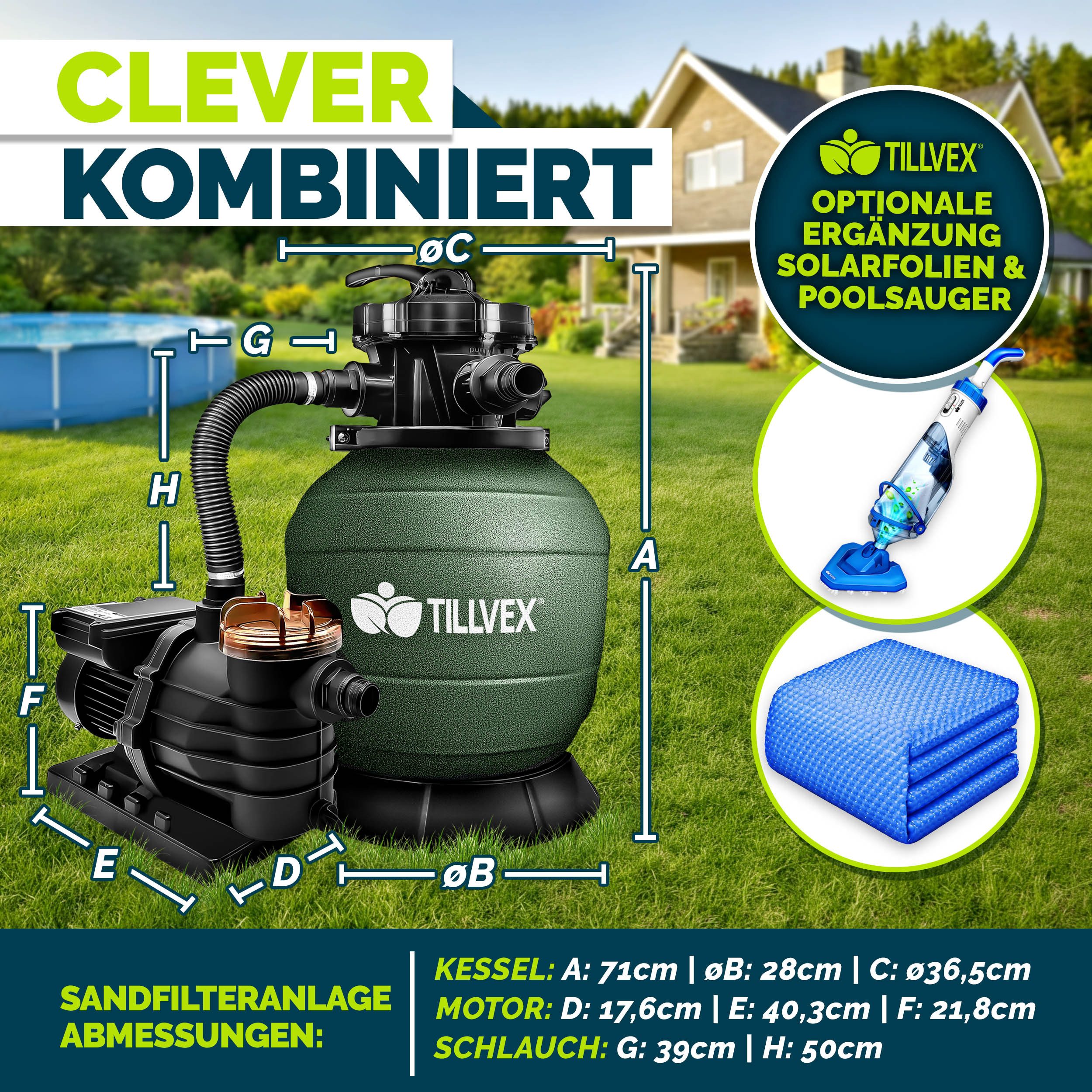 tillvex Sandfilteranlage tillvex Sandfilteranlage 13.200L/h mit 1200g Filterbällen + Pumpe (Poolfilter Selbstansaugend Sandfilter Schwimmbecken, Filteranlage 7-Wege Ventil & 2in1 Adapter Ø32-38mm), Pool 13.200L/h bis 40.000L + 1200g Filterbälle