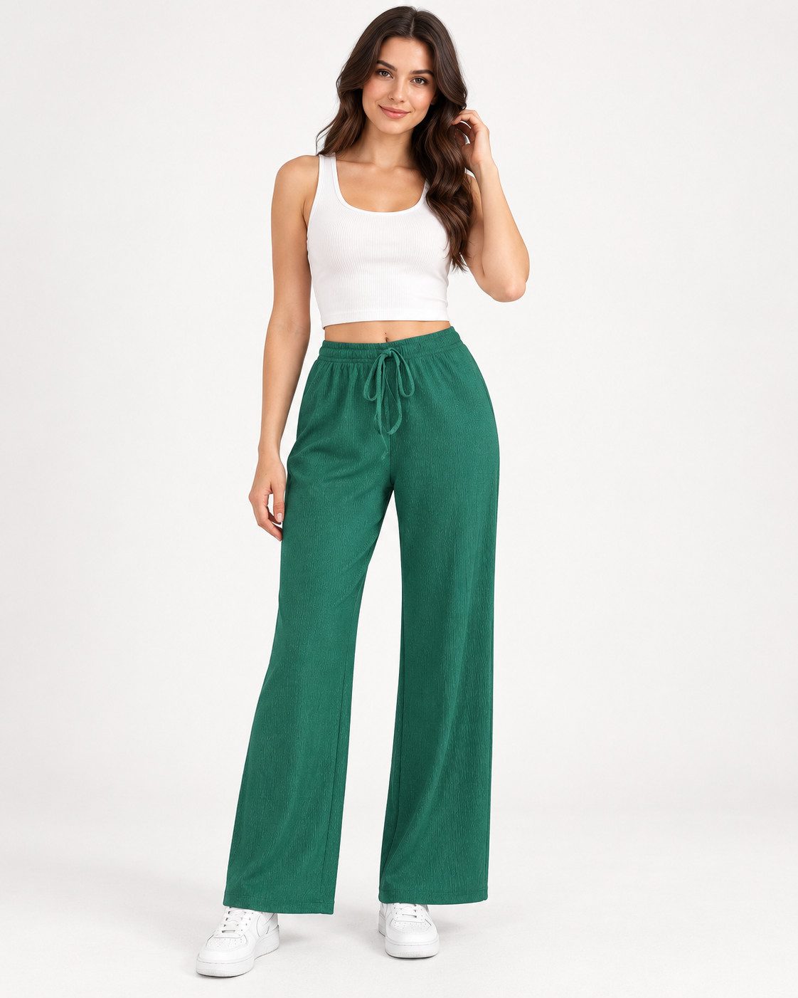 fashionshowcase Palazzohose Damen Freizeithose mit weitem Bein Crinkle Hose elastischer Bund vielseitig kombinierbar, angenehmer Freizeitkomfort