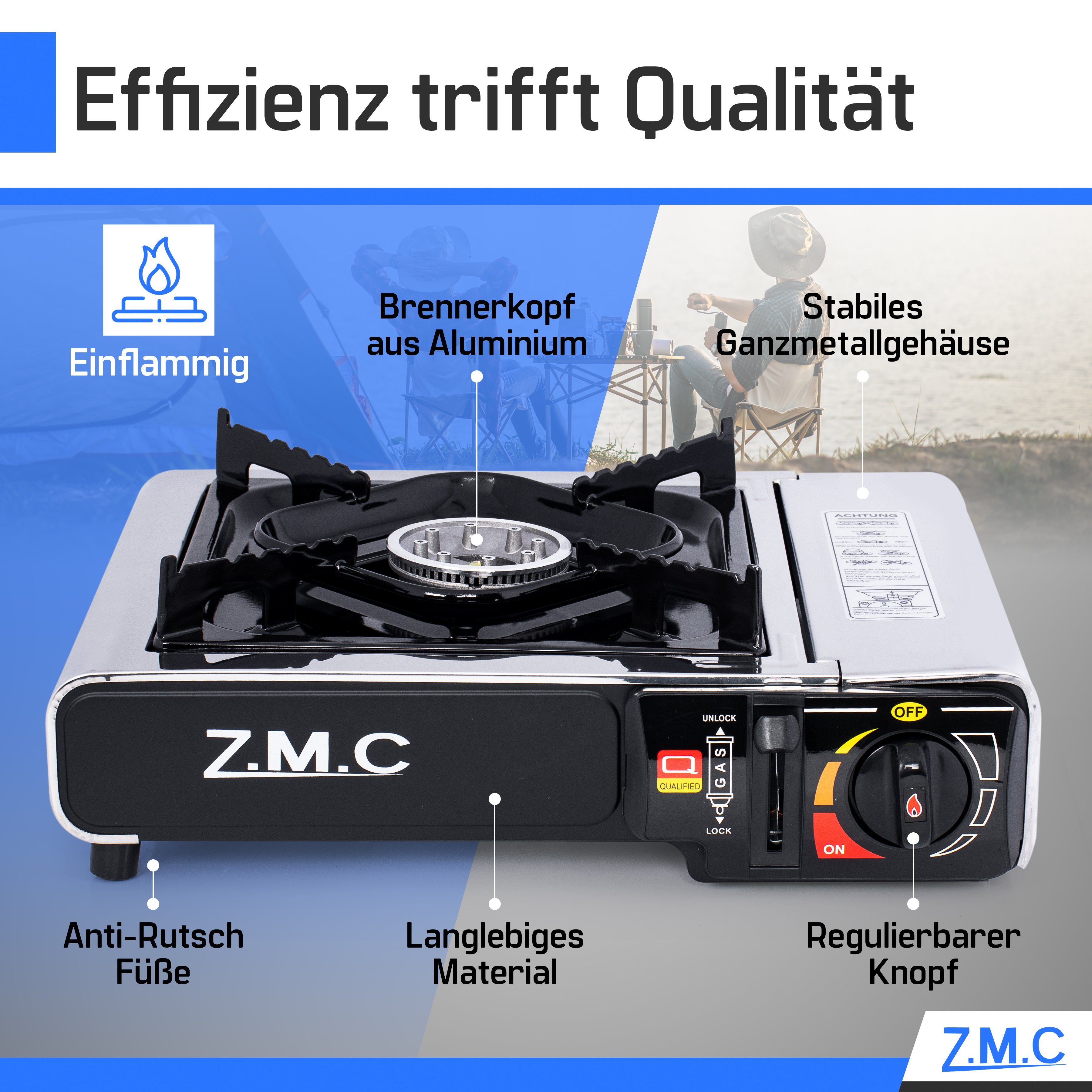 ZMC Gaskocher Edelstahl Gaskocher 1-flammig + Aufbewahrungskoffer + Gaskartuschen, (Butangas Campingkocher für Innenraum/Outdoor, Campinggaskocher 2,2 kW mit Pi – Bild 5 von 5