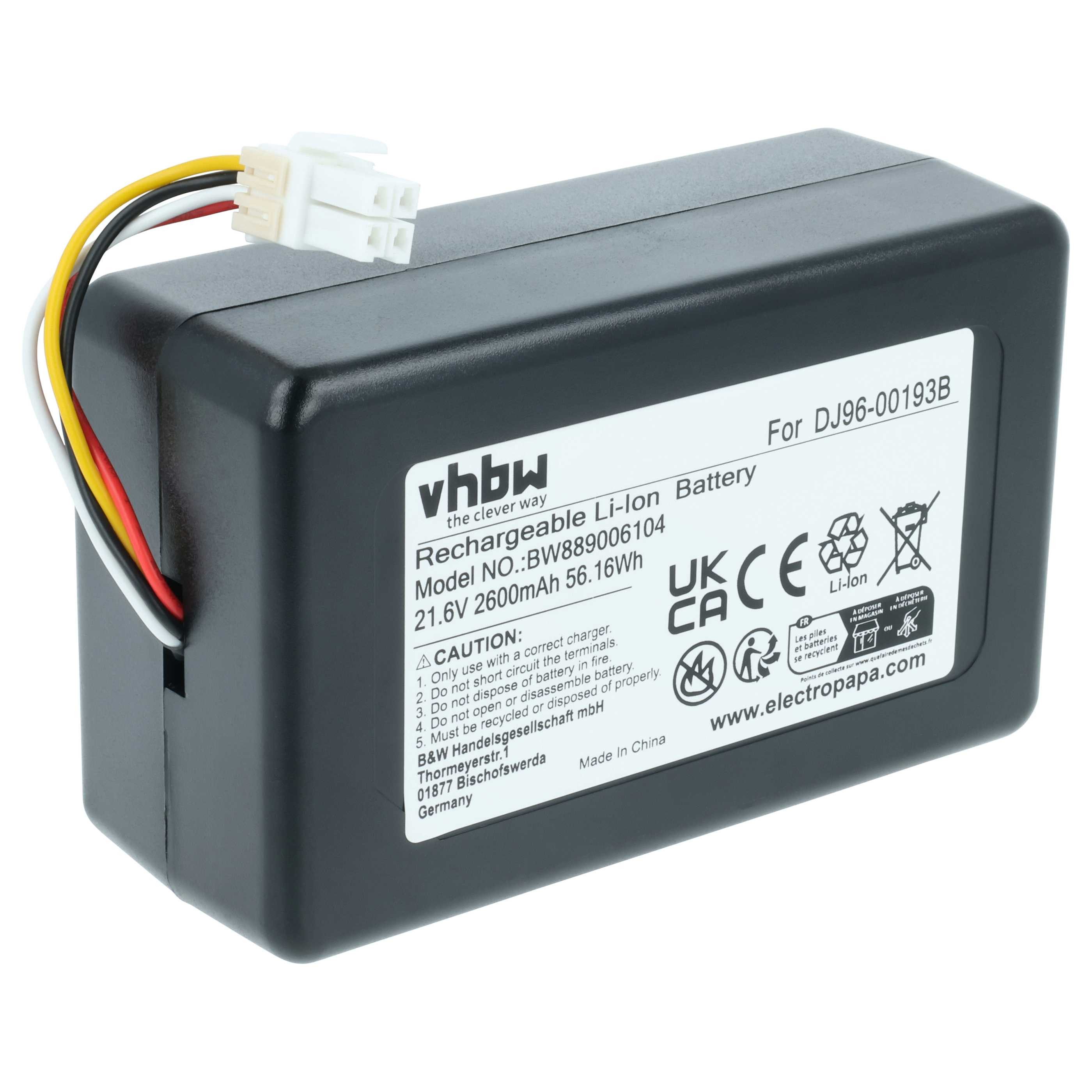 vhbw Akku passend für Samsung Powerbot VR1AM7040W9/AA, VR1AM7010UW/AA, Staubsauger-Akku Akku Li-Ion 2600 mAh (21,6 V, 1 St), Leistungsfähiger Austausch-Akku für Ihren Saugroboter