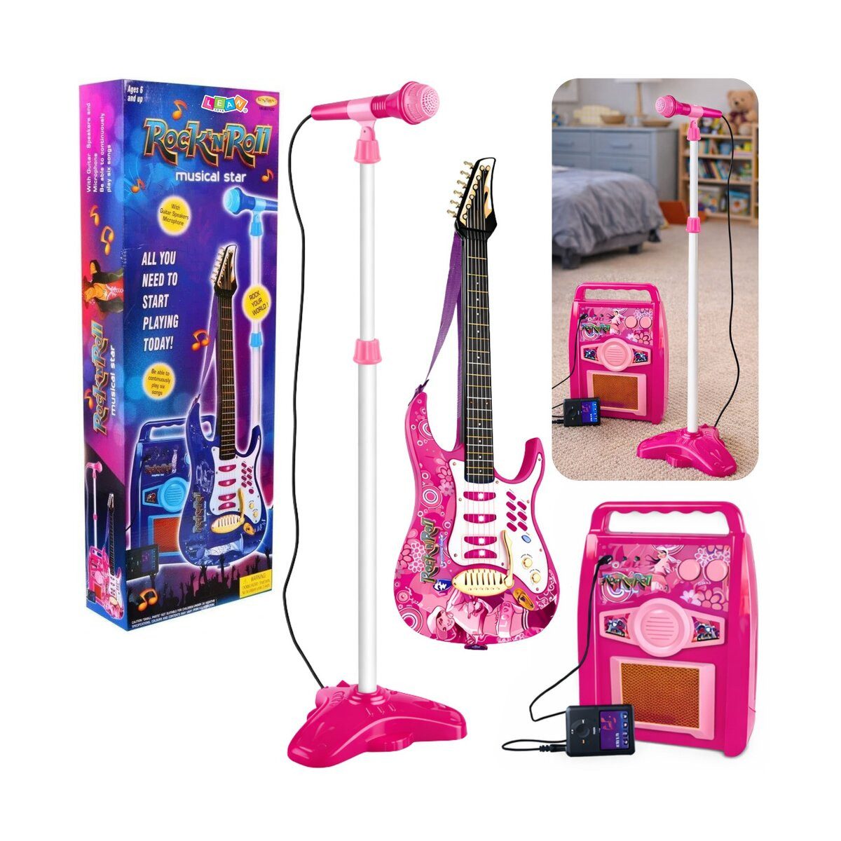 Wisam Lernspielzeug Rosa E-Gitarre mit Mikrofon und Verstärker