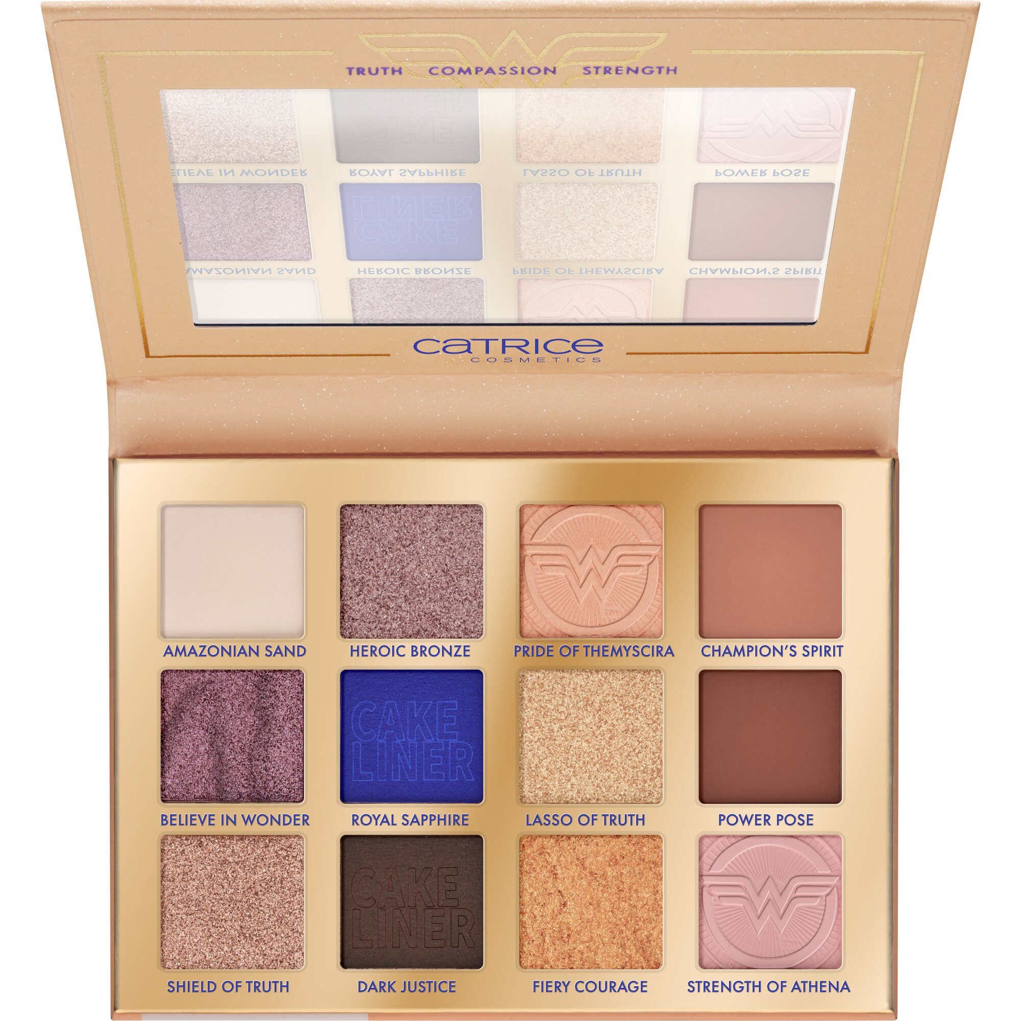 Catrice Lidschatten-Palette Wonder Woman Eyeshadow Palette, Hochpigmentiert mit matten, schimmernden und metallischen Texturen.