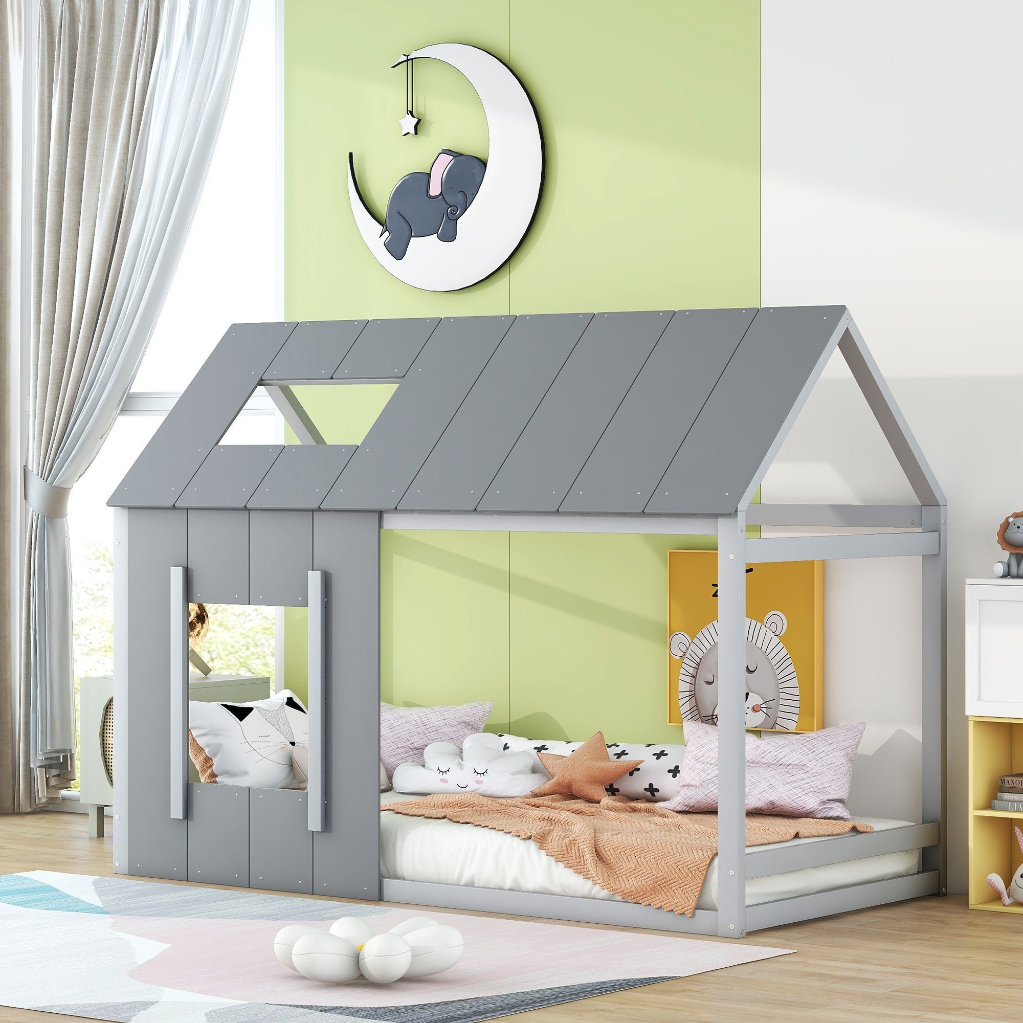 Bett Kinderbett ohne Hellgrau (Hausform, und mit Holzhaus Bettgestell Matratze Kinderbett cm, Dunkelgrau Dach Baumhausbett SPLOE + Fenster), HAUSS 90x200 Bodenbett Einzelhaus-Flachbett