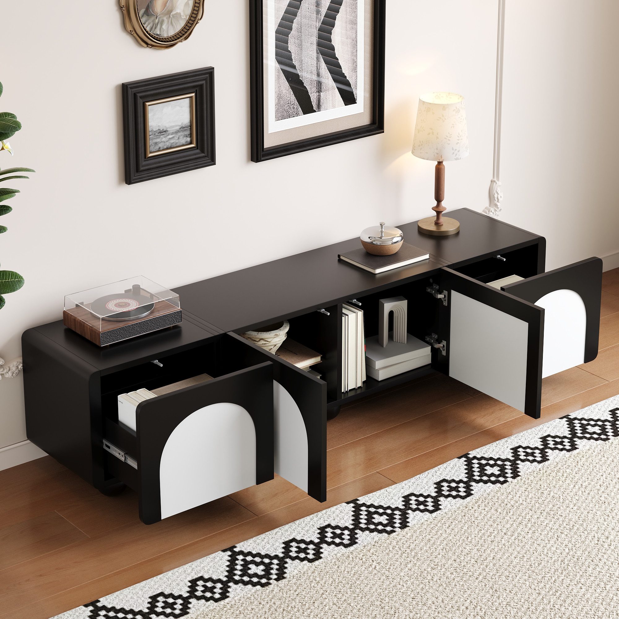 Merax Lowboard mit 2 Schubladen und 2 Türen, TV-Schrank in Schwarz-Weiß (1 St), Fernsehtisch mit Kabelmanagement, 180L x 38B x 45H cm