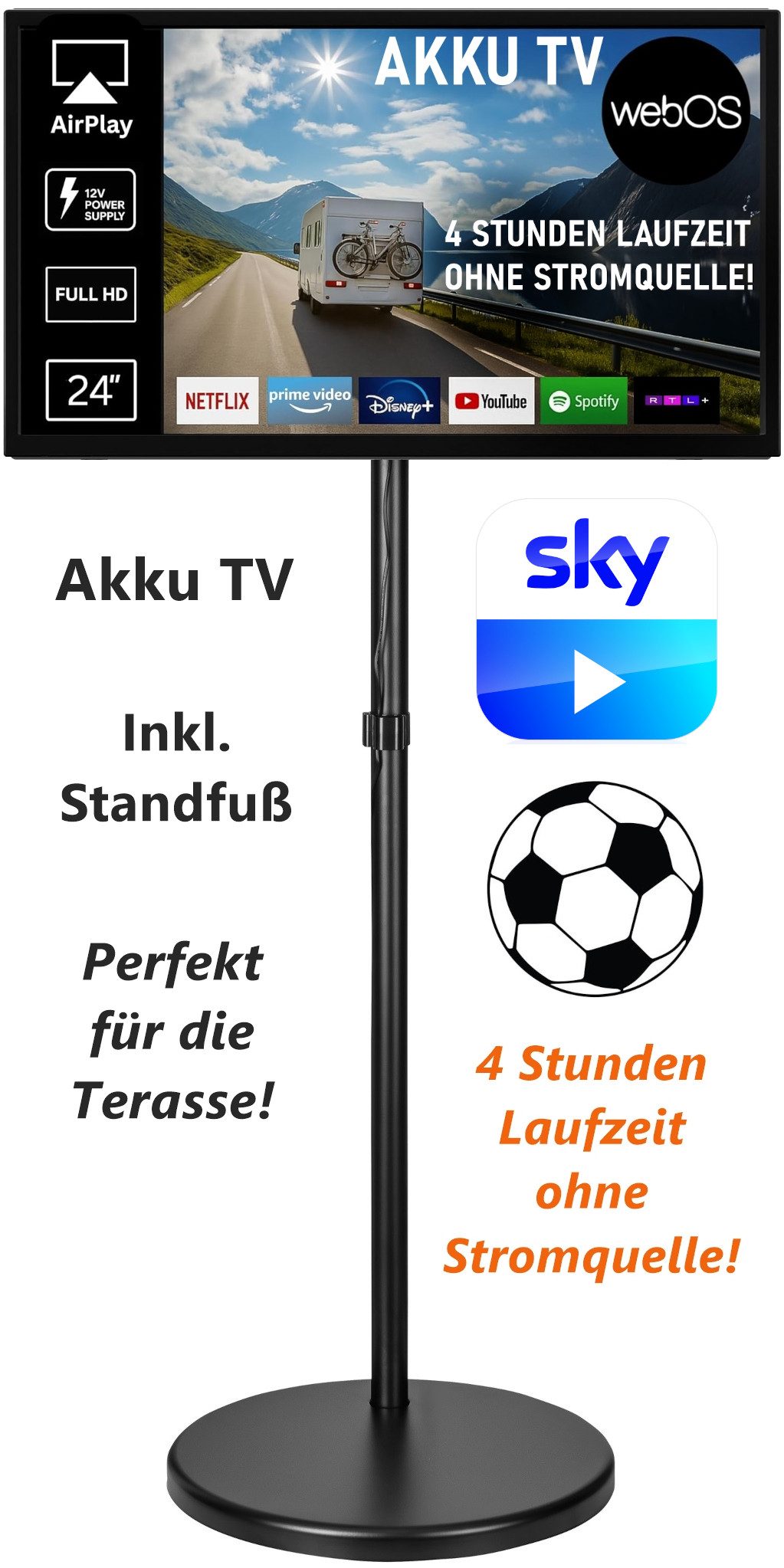 Reflexion LEDA24OSBT LED-Fernseher (60,00 cm/24 Zoll, Full HD, Smart-TV, powered by webOS Hub (LG), DC 12 Volt, Netzteil 230 Volt, Akku-TV, DVB-T2HD/S2/C, Bluetooth, WLAN)