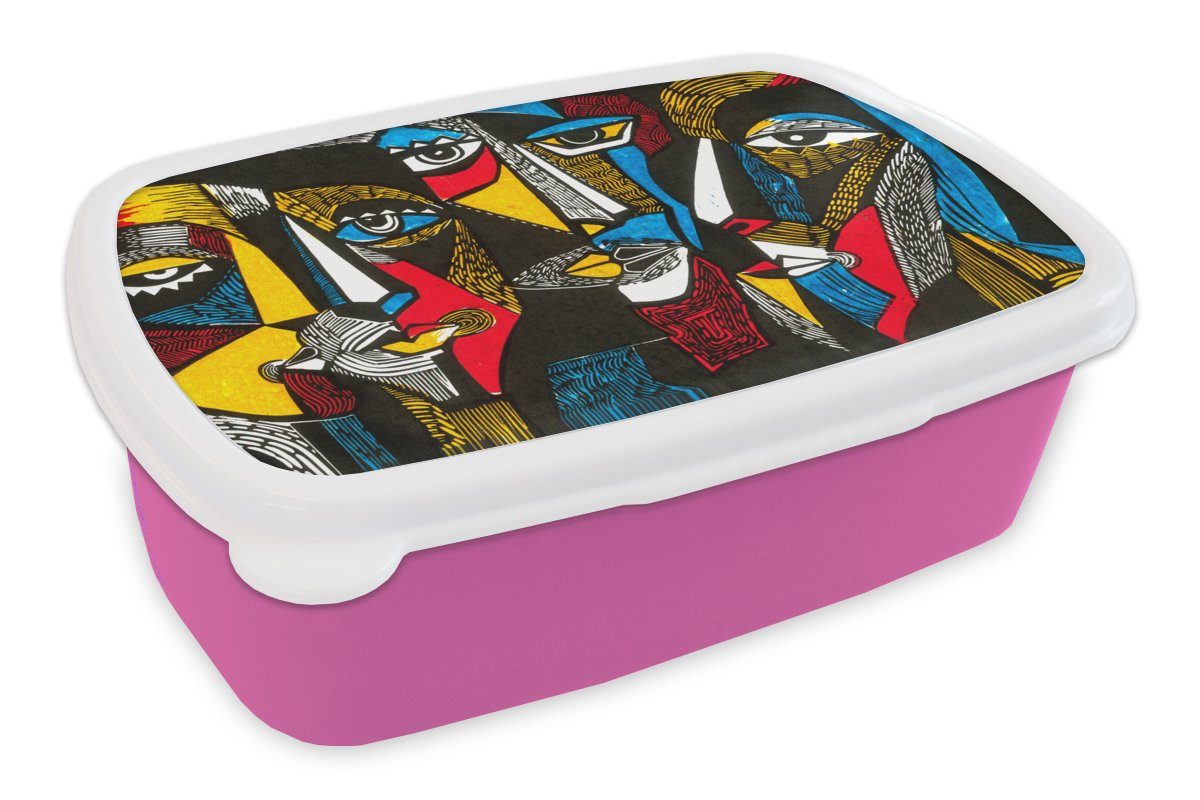 MuchoWow Lunchbox Malerei - Kubismus - Ölgemälde - Maske, Kunststoff, (2-tlg), Brotbox für Erwachsene, Brotdose Kinder, Snackbox, Mädchen, Kunststoff rosa