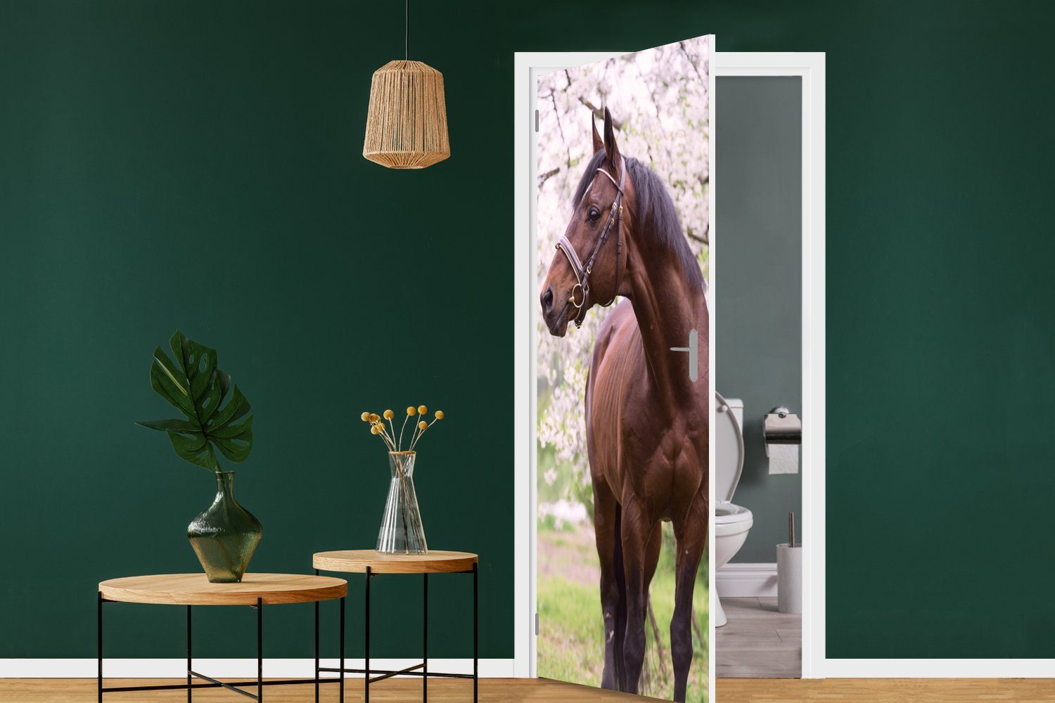 MuchoWow Türtapete Pferd - Sakura für Tür, 75x205 St), Türaufkleber, Fototapete Halfter, bedruckt, Matt, - cm (1