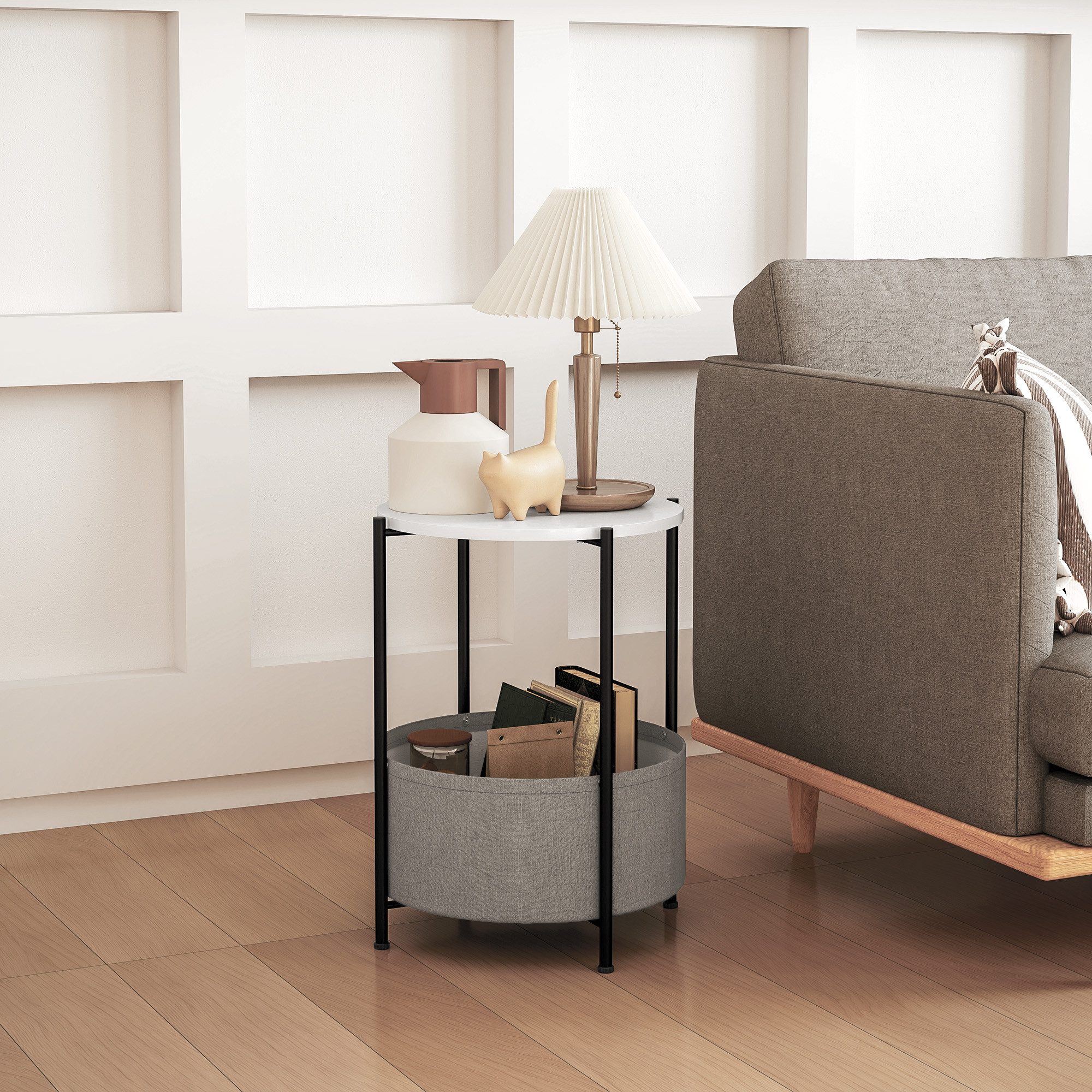 HOMCOM Beistelltisch Runder Nachttisch mit einem Regal, Korb aus Stoff, Sofatisch (Couchtisch, 1-St., Kaffeetisch), für Wohnzimmer, Schlafzimmer, 44 x 44 x 56 cm, Stahl, Grau+Weiß
