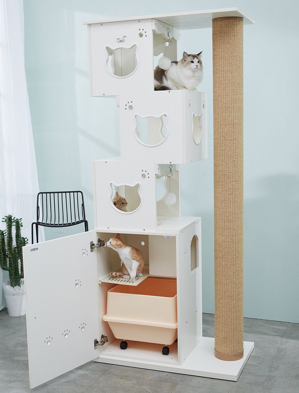 CatS Design Katzentoilette CatS Design 2 in1 Kratzbaum-Katzenklo xxl große, -hochwertig solider holz-edel Designmöbel-Extreme starke Konstruktion-katzenklo-hochwertig holz90 x 50 x 211 cm