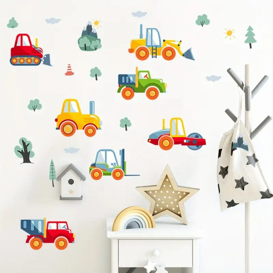 Montegoni Wandsticker Lustiger Wandaufkleber für Baufahrzeuge – selbstklebender PVC Aufklebe (Autoaufkleber), Perfekt für Kinderzimmer, Wohnzimmer und Wohnheimdekoration