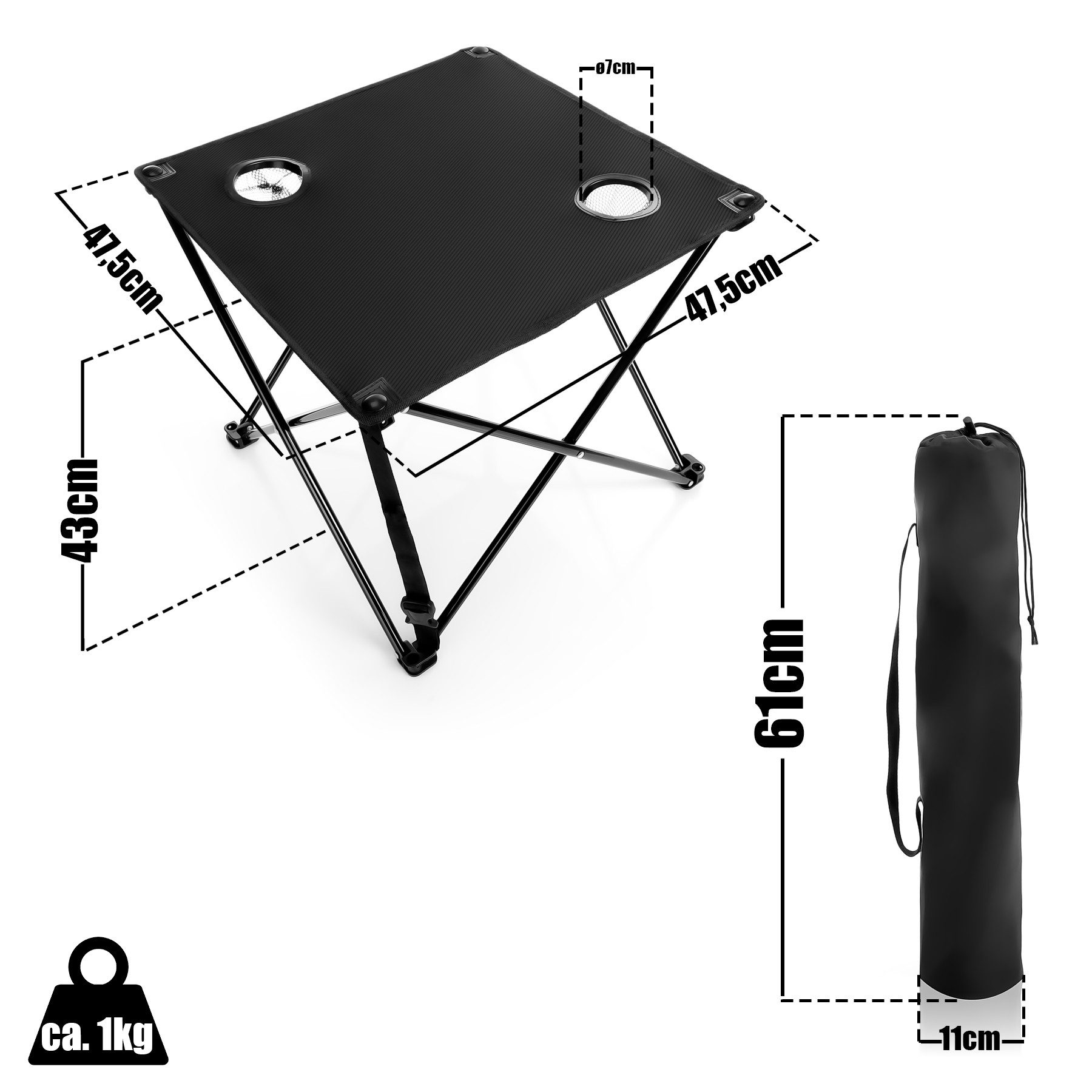 BigDean Campingtisch faltbar mit 2 Getränkehaltern Schwarz belastbar bis 30kg ultraleicht (Packung, 1-St., Campingtisch), 30kg Belastbar