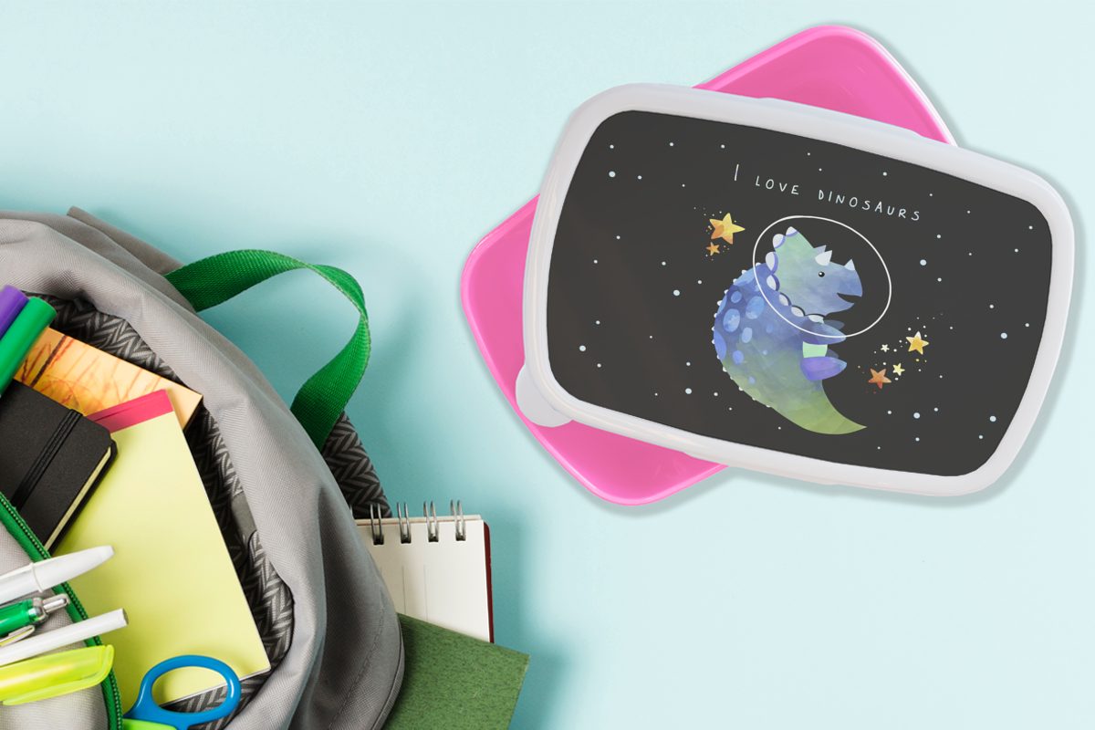 MuchoWow Lunchbox Brotdose - - Kinder, Jungen Zitate 'Ich - Brotbox liebe -, Kunststoff, Erwachsene, für Snackbox, Kunststoff Sprichwörter - Dinosaurier' Mädchen, Raumfahrt (2-tlg), rosa