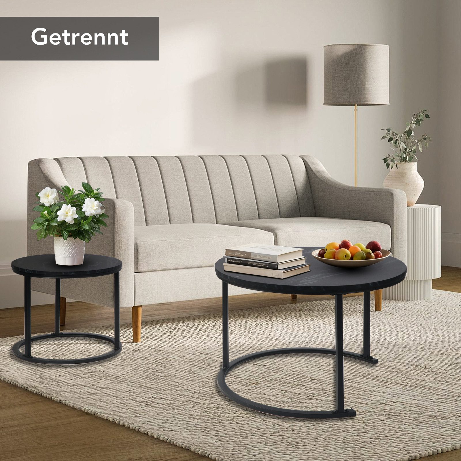 BIGTREE Couchtisch 2er set wohnzimmer tisch beistelltisch rund,Holz & Metall (2er-Set), 70x70x45 cm und 50x50x40 cm