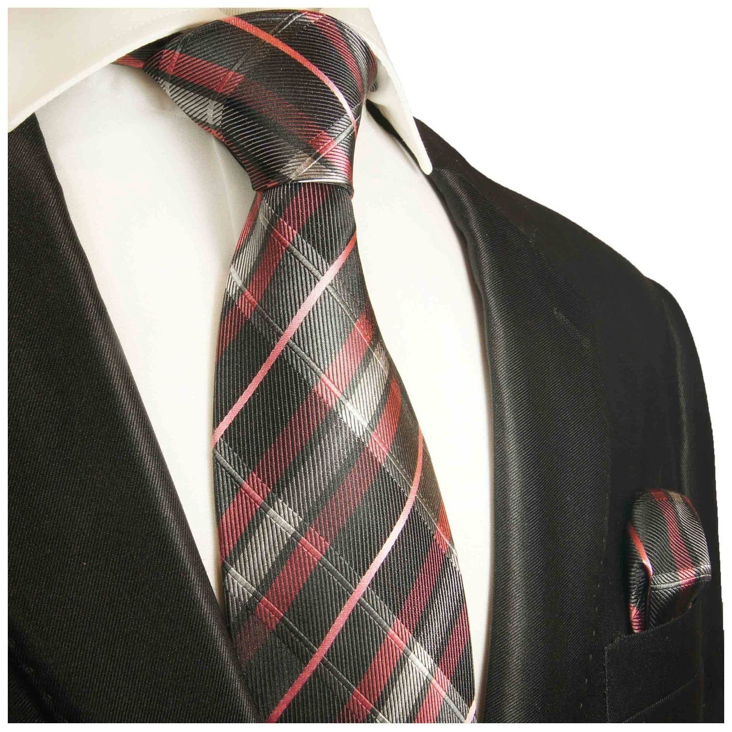 Paul Malone Krawatte Herren Seidenkrawatte mit Tuch Schottenmuster gestreift 100% Seide (Set, 2-St., Krawatte mit Einstecktuch) Breit (8cm), schwarz pink 2014