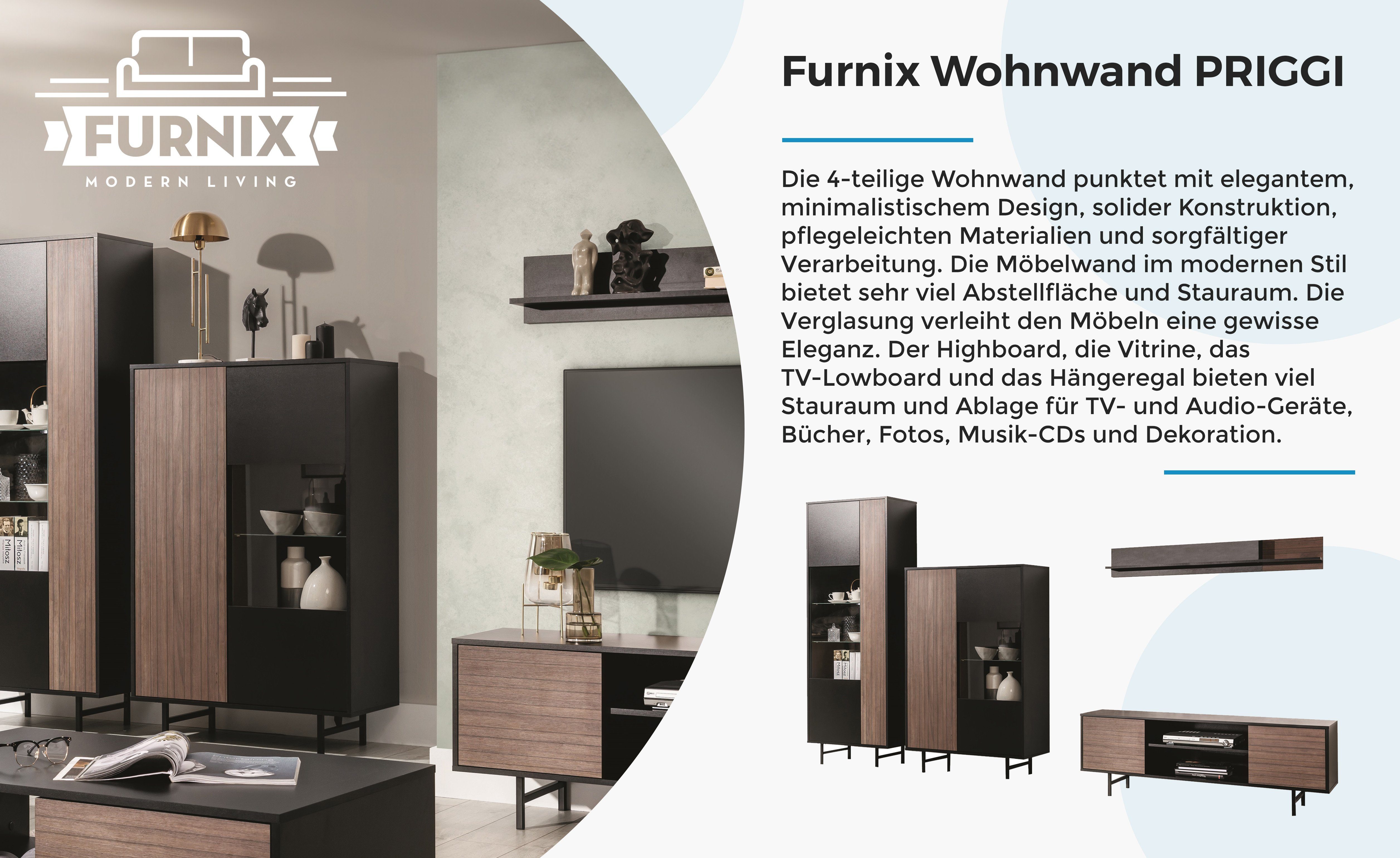 Highboard, Wandregal) Vitrine, mit 4-teilige Wohnwand Furnix Metallgestell, Möbelwand PRIGGI (TV-Schrank,