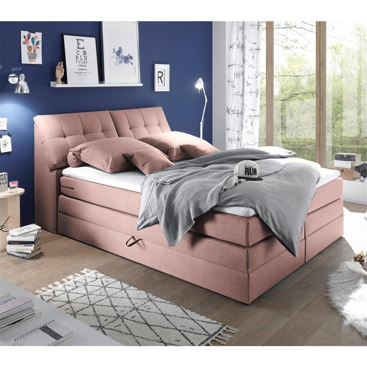 Lomadox Boxspringbett SALONA2-09, Liegefläche 160x200cm, Härtegrad H2, mit Bettkasten, in flamingo rosa