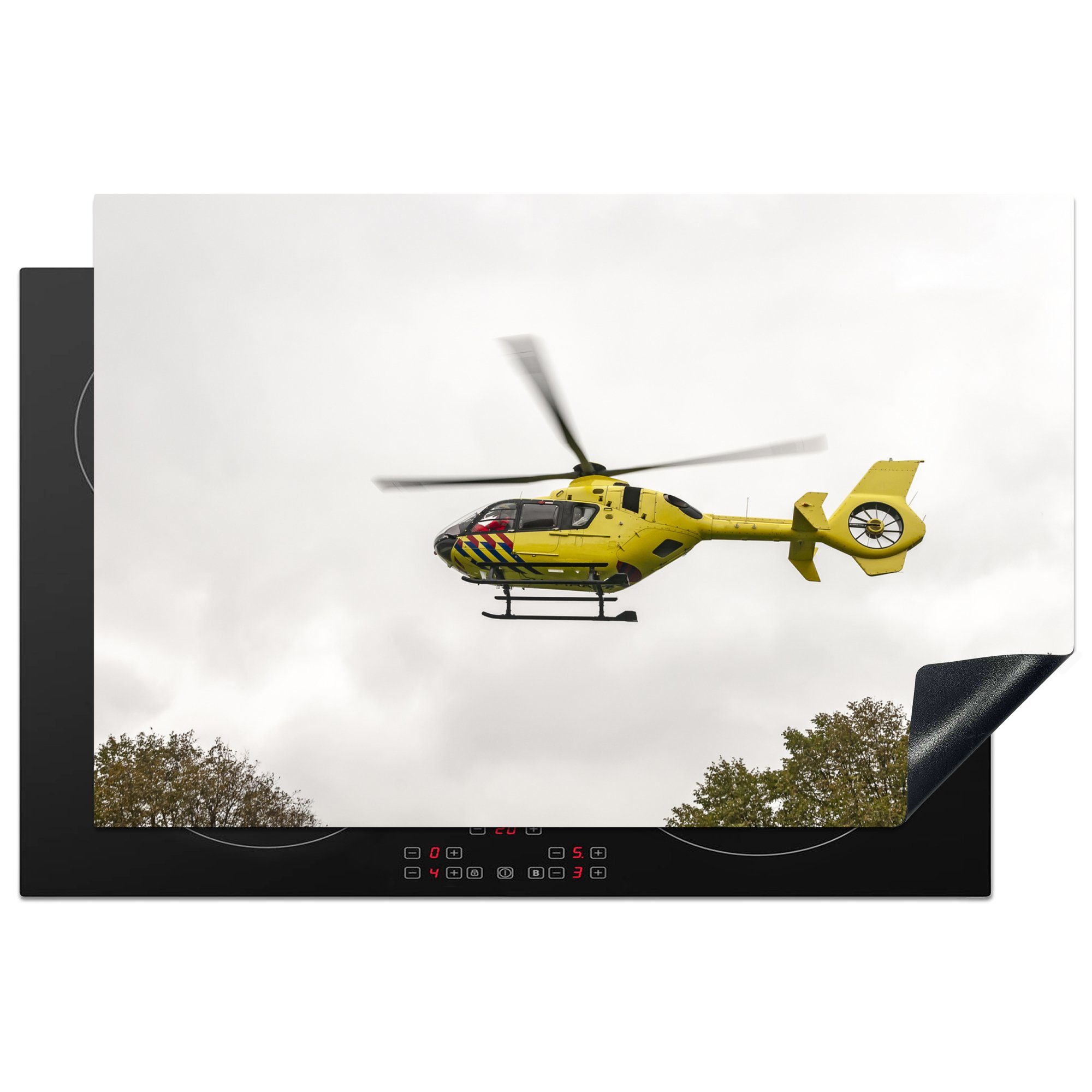 MuchoWow Herdblende-/Abdeckplatte Trauma-Hubschrauber in der Luft, Vinyl, (1 tlg), 81x52 cm, Induktionskochfeld Schutz für die küche, Ceranfeldabdeckung