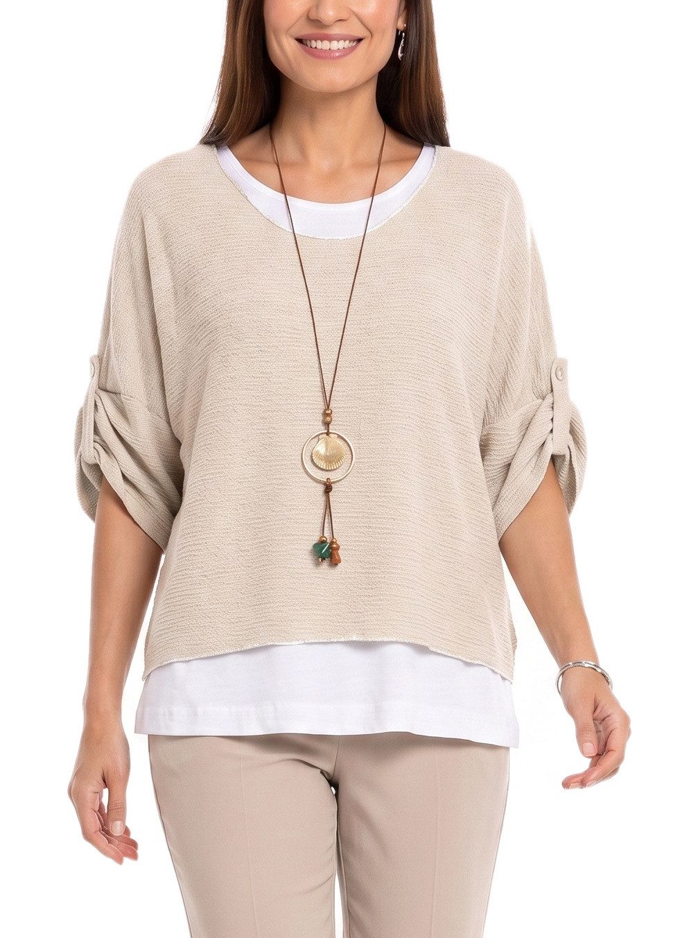 dy_mode Blusenshirt Damen Blusenshirt Oberteil 2-in-1 Lagenlook Shirt Fledermausärmel 2-teilige Set, inkl. Halskette, Fledermausärmel