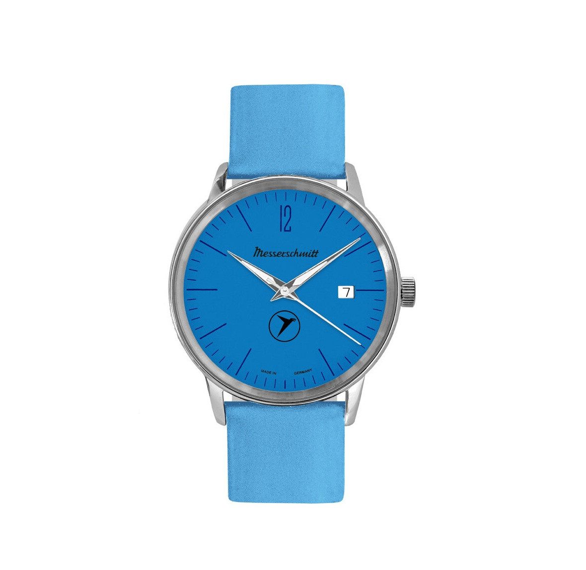 Messerschmitt Quarzuhr KR202-BL, Kabinenroller-Uhr mit blauem Ziffernblatt - Quarzwerk, Gepolstertes Lederband mit Dornschließe in Blau - Made in Germany